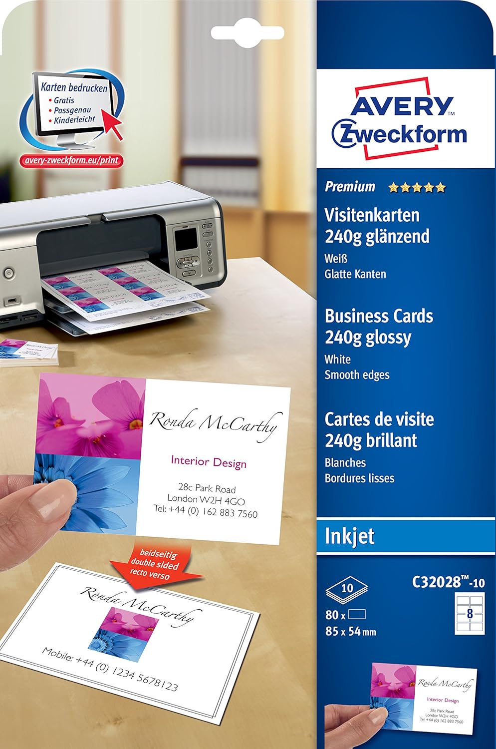 Avery Zweckform C32028-10 Premium Business Cards Special Inkjet Coating on Both Sides Gloss Finish 85 x 54 mm 240 g/sqm 10 Sheets / 80 Items