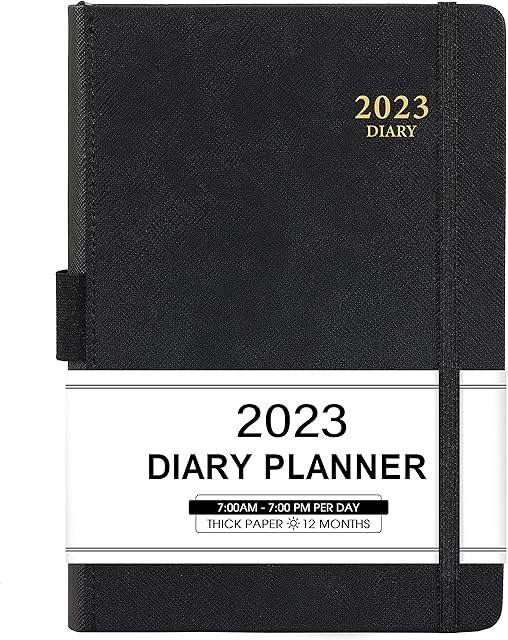 2023 Diary - Diary 2023 Day to Page with Monthly Tabs, from January to December 2023, A5 Size, Leather Cover, Black