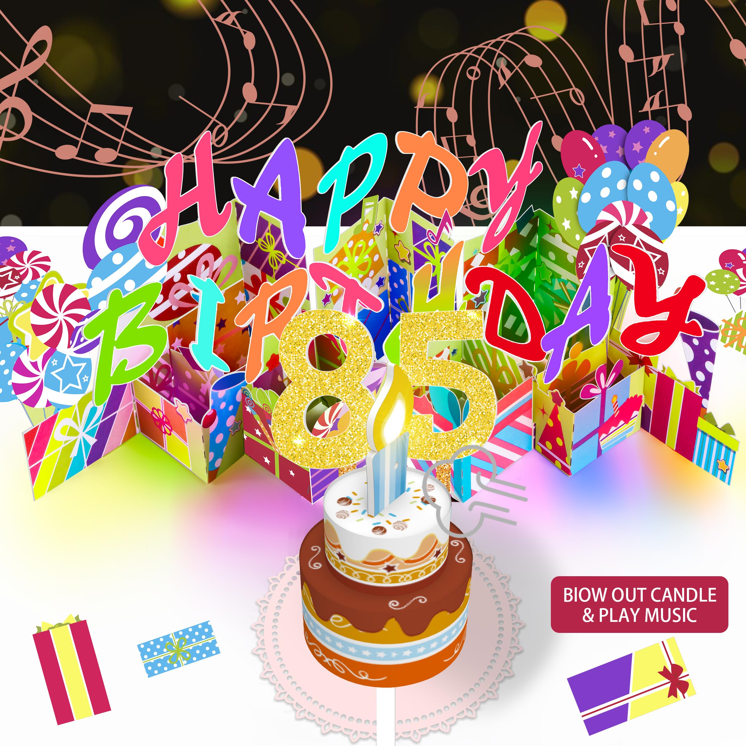 85th Pop-Up Musical Birthday Card, Blowable LED Candle for Women and Men — image 1