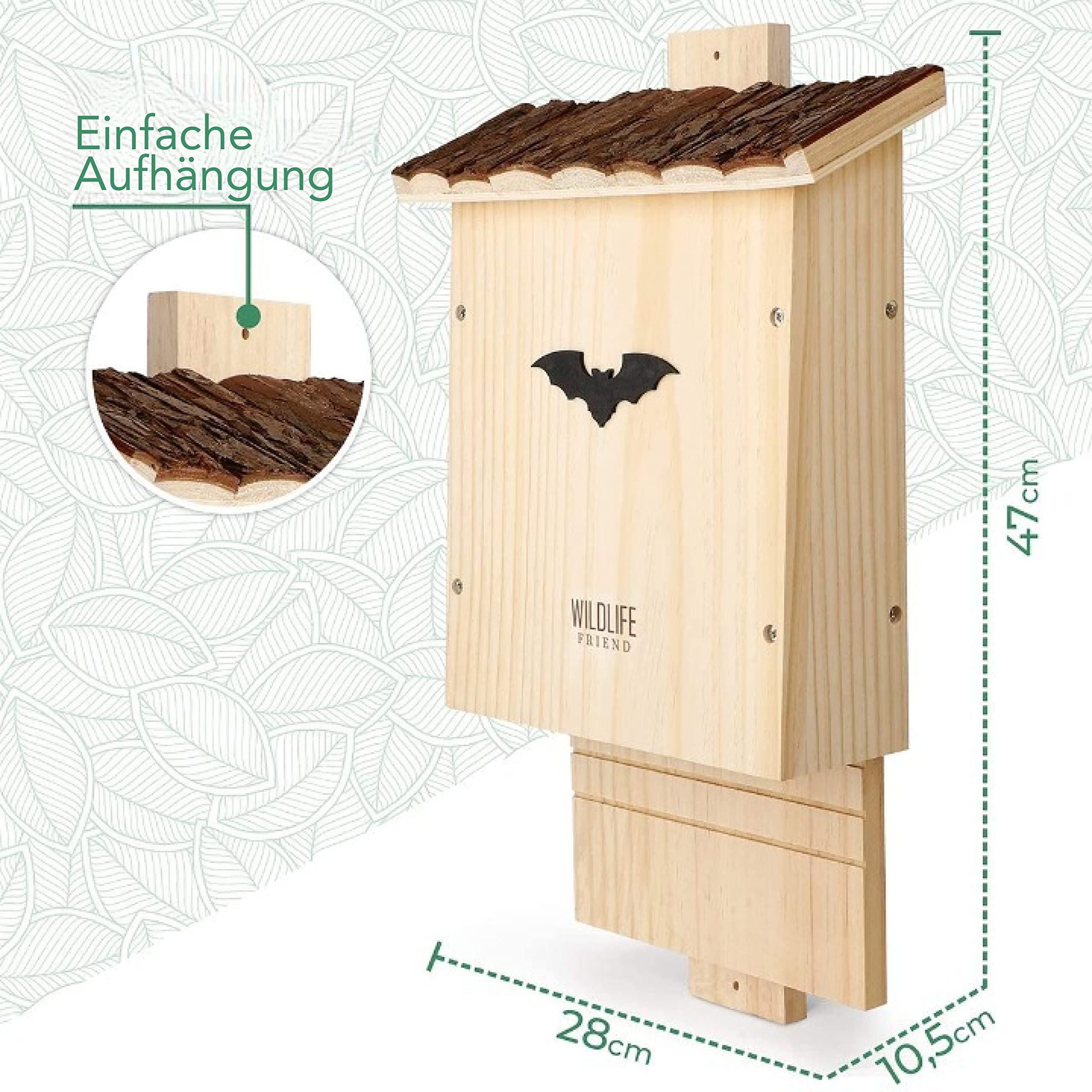 WILDLIFE FRIEND I Großer Schwerer Fledermauskasten mit Rindendach nach NABU - Fertig Montiert & 100% Wetterfest - Verschraubt, Fledermaus-Haus & Nistkasten Fledermäuse, Sommer & Winterquartier