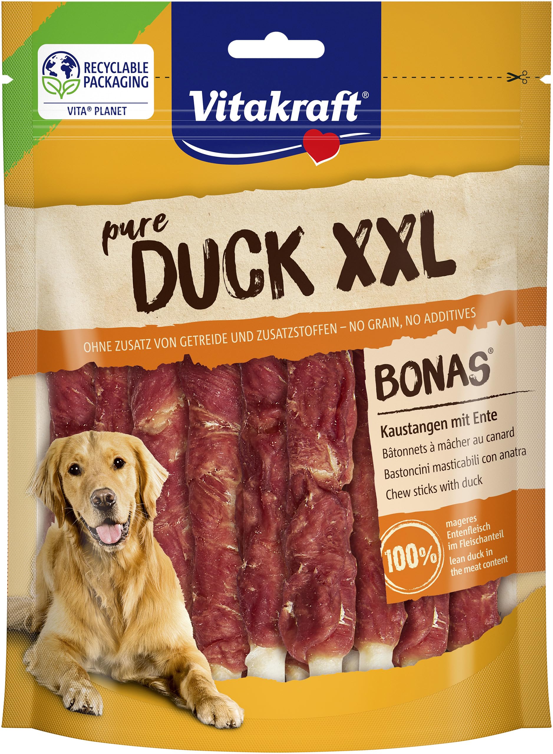 Vitakraft Pure Duck XXL Bonas, Hundeleckerli, Kaustangen mit Entenfleisch, Hunde Trainingsleckerli, ohne Zusatz von Zucker und Getreide (1x 200g)