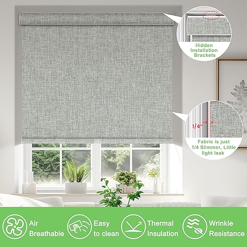 Miniatura 4 de BERISSA Persianas enrollables opacas para ventanas, persianas enrollables sin cordón con cenefa de cassette de tela de lino, persianas con