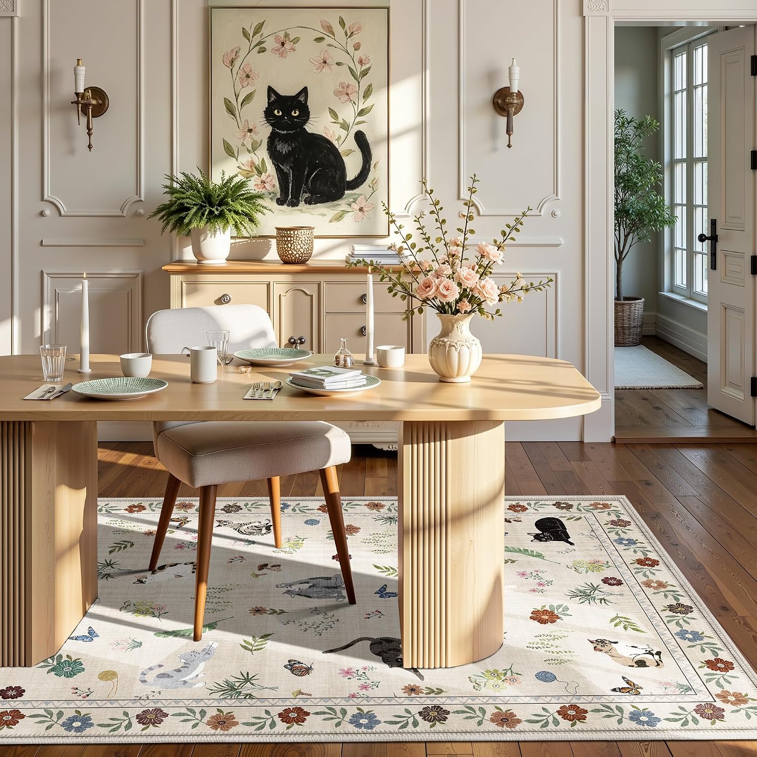 AIMPEAK 4x6 Washable Area Rug - Non Slip Low Pile Cat Floral Boho Medium Carpet for Living Room, Bedroom, Nursery, Girls' Room, Entryway, Farmhouse, Kids Playroom, Beige Multi