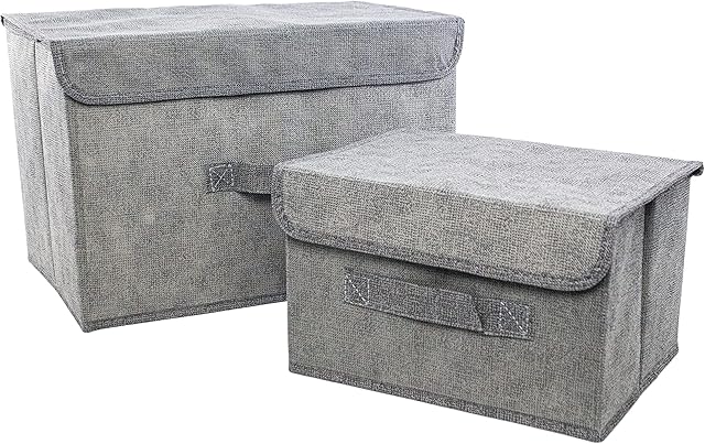 Clay Roberts Storage Baskets with Lids, Large & Medium, Pack of 2 Storage Chests, Grey, Fabric Storage Boxes Set for Storage Organiser Units, Homes and Offices
