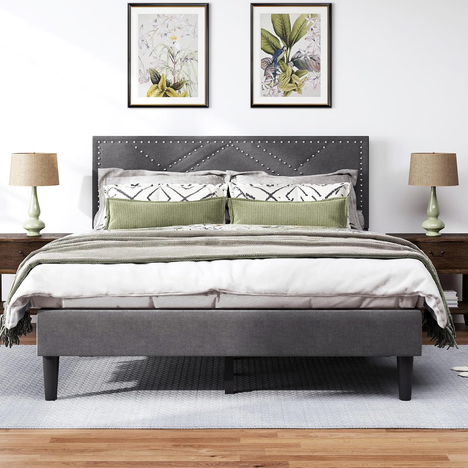 FULife Queen Size Upholstered Bed Frame with Linen Headboard and Under-Bed Storage for Bedroom/Guest Room, Modern Design Platform Bed w/Wooden Slats Support, No Box Spring Needed & Easy Assemble