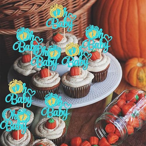 Miniatura 179 de 24 piezas de calabaza Oh Baby Cupcake Toppers Glitter Heart Feet Baby Shower Cupcake Picks para otoño, Acción de Gracias, tema de otoño, baby