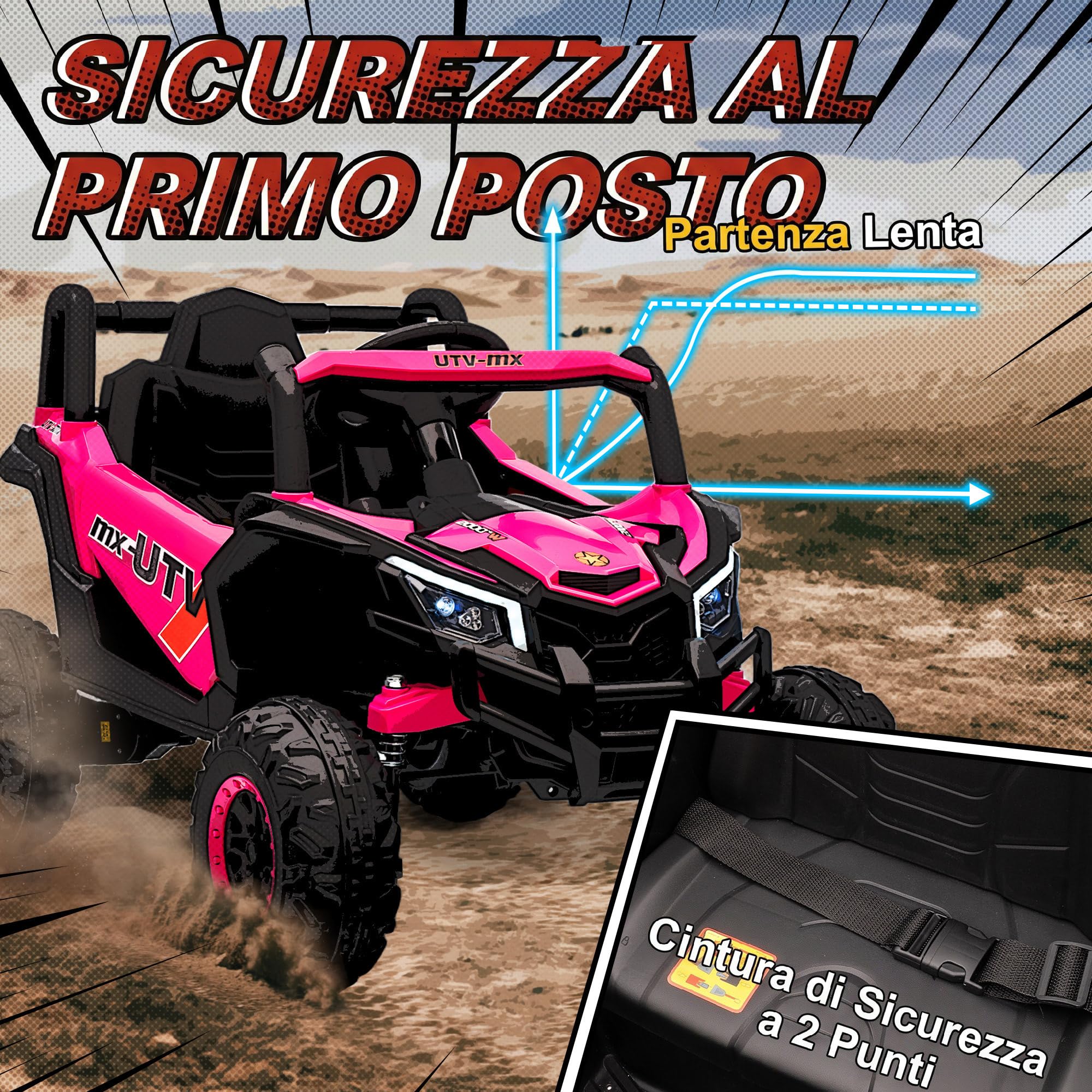 AIYAPLAY Macchina Elettrica per Bambini UTV 12V con 2 Motori e Luci, Rosa