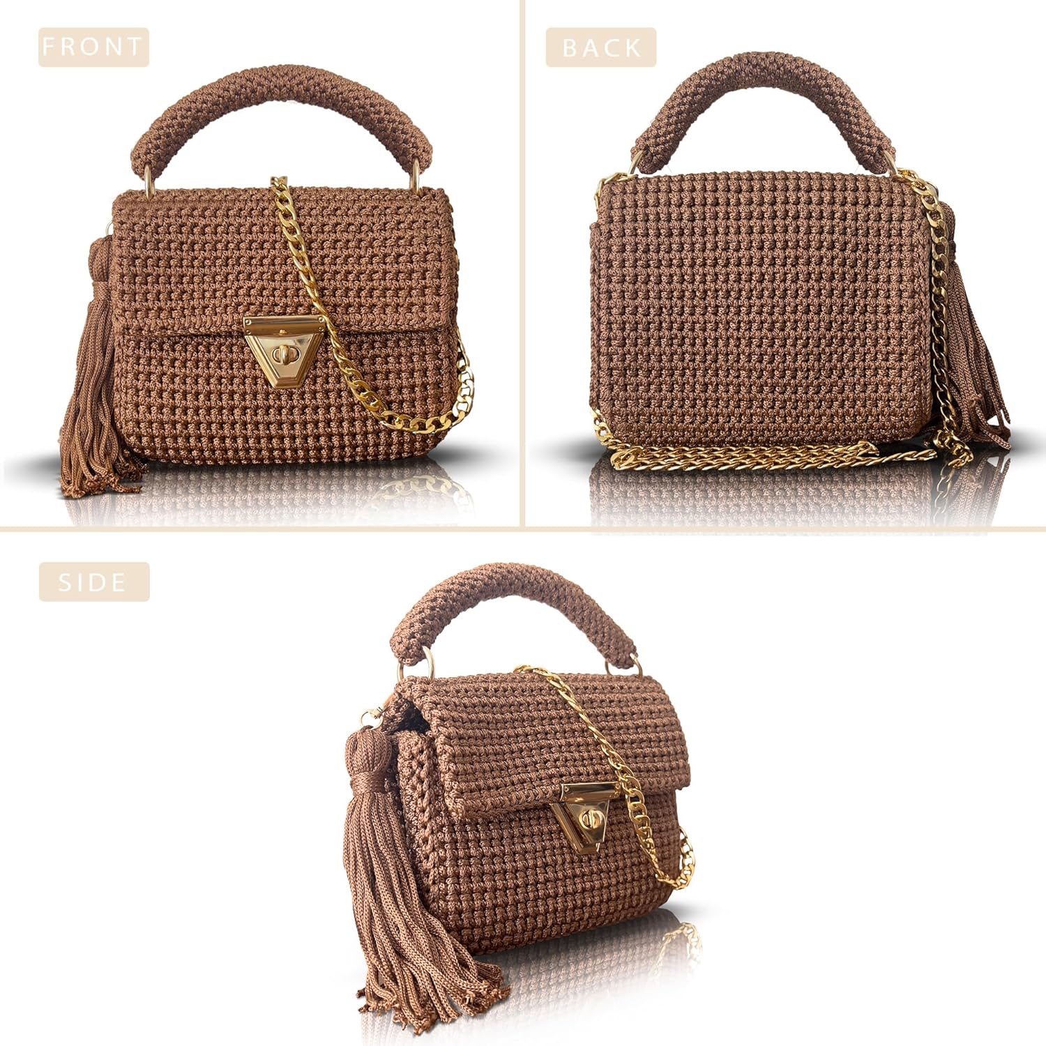 Handmade Caramel Crochet Shoulder Bag for Women | Gold Chain & Top Handle | Boho Knitted Purse | Elegant Evening - Image 3