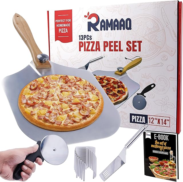 13PCs Aluminum Metal Pizza Paddle Set-Non Stick Pizza Peel 12 Inch with Foldable Wooden Handle,Pizza Cutter,Pizza Shovel,10 Pizza Tripods & EBook(PDF)