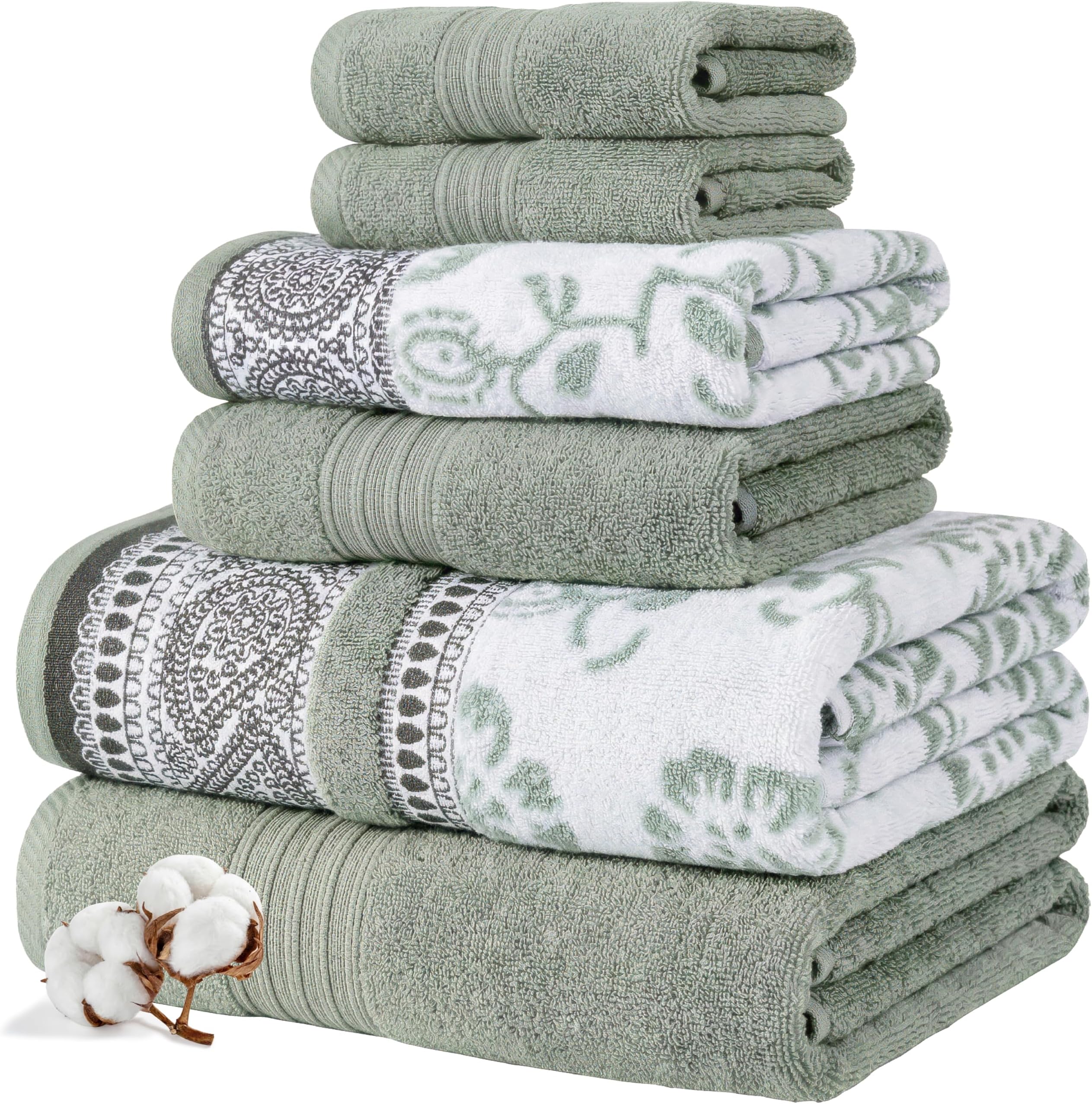 Modern Threads 6 Piece Set, 2 Bath Towels, 2 Hand Towels, 2 Washcloths Yarn Dyed Jacquard/Solid Towel Set Ophelia Dark Sage