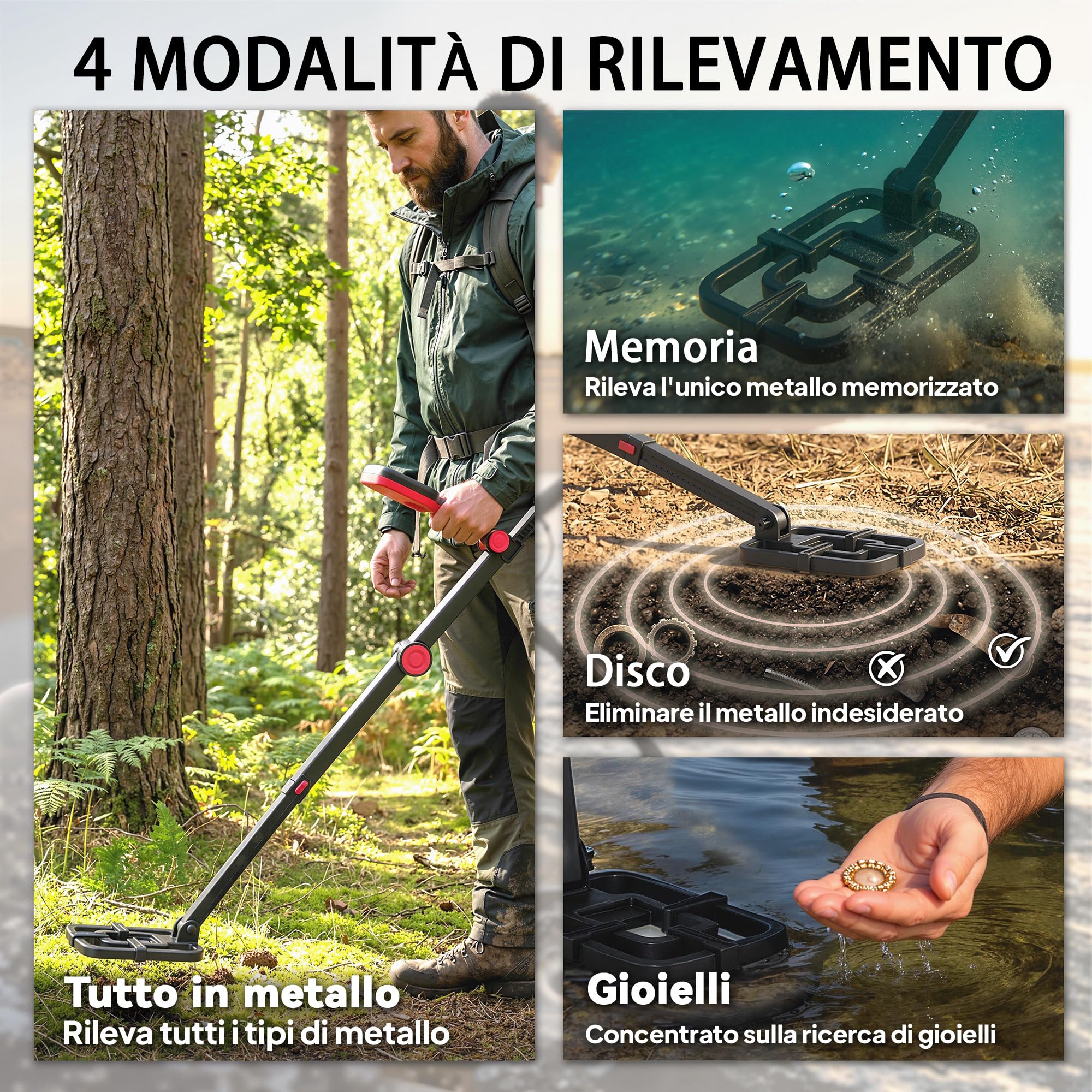 Outsunny Metal Detector Pieghevole per Adulti, Rilevatore di Metalli Oro Impermeabile IP68 con Bobina, Display LCD, 4 Modalità, Borsa, Pala, Cuffie, Asta Telescopica Regolabile, per Spiaggia Giardino