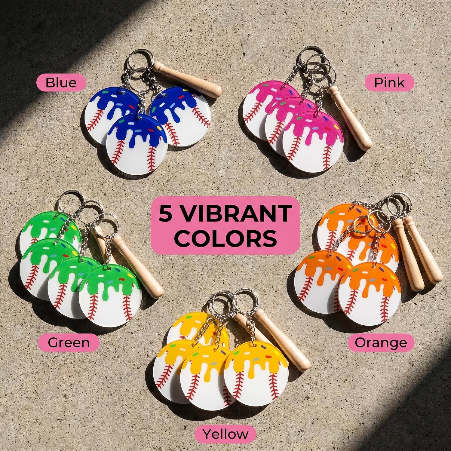 18 Pack Baseball Keychain Blanks DIY Kit, Multi-Color Ice Cream Drip Style Acrylic Keychains with Mini Wooden Bat, Blank Craft Ornaments for Baseball Theme Party, Team Gifts, Bag Luggage Decoration image 4