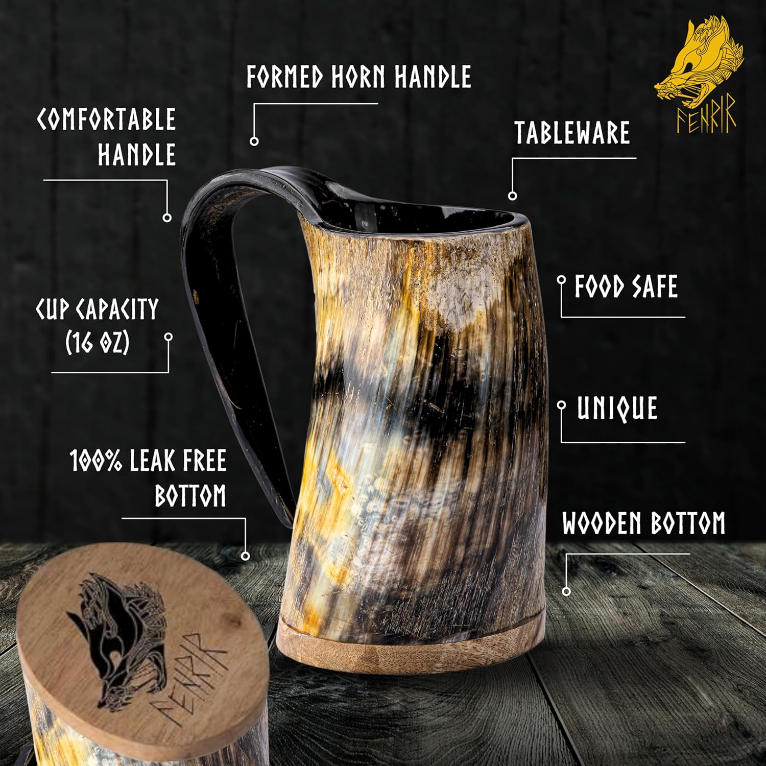 FENRIR Viking Drinking Horn Mug Set 16 oz – Gifts for Men, Dad, Husband – Unique Viking Gift – Handmade Real Ox Horn Cup with Shot Glass & Opener – For Beer, Ale, Mead (Natural Finish) - Image 3