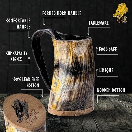 Miniatura 3 de FENRIR Taza de cuerno de buey vikingo prémium para cerveza y aguamiel, cerveza y bebida fría, con acabado brillante, con vidrio corto y abridor de