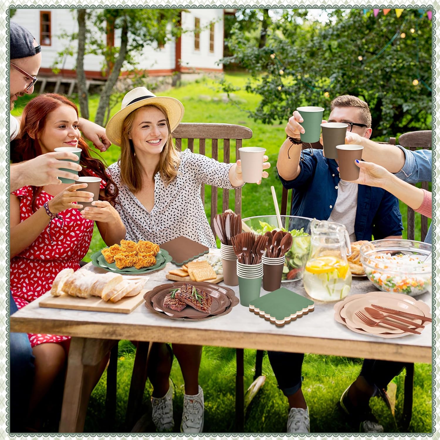 350 Pcs Woodland Baby Shower Party Supplies Set - Sage Green and Brown Paper Plates and Napkins Set Include Scalloped Paper Plate Napkin Cup Spoon Fork Knife for Safari Jungle Baby Shower Decorations