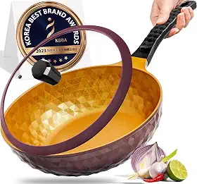 Frigideira Diamond X Premium antiaderente com tampa – Wok chinesa de fundo plano grande de 28 cm – frigideiras e frigideiras antiaderentes – Frigideira coreana de 8 camadas revestida de titânio para