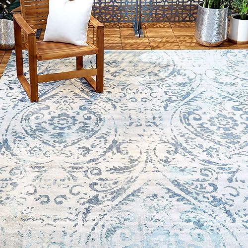 Home Dynamix Nicole Miller Patio Sofia Juniper - Alfombra de área para interiores y exteriores, 5 pies 2 pulgadas x 7 pies 2 pulgadas, damasco Marfil