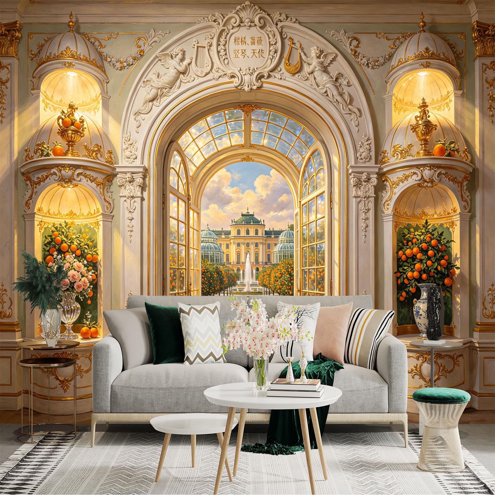 Custom Size Wall Sticker Mural， Luxury Palace Archway with Garden View and Floral Decor， for wall Decoration， peelandstick wall Decals.