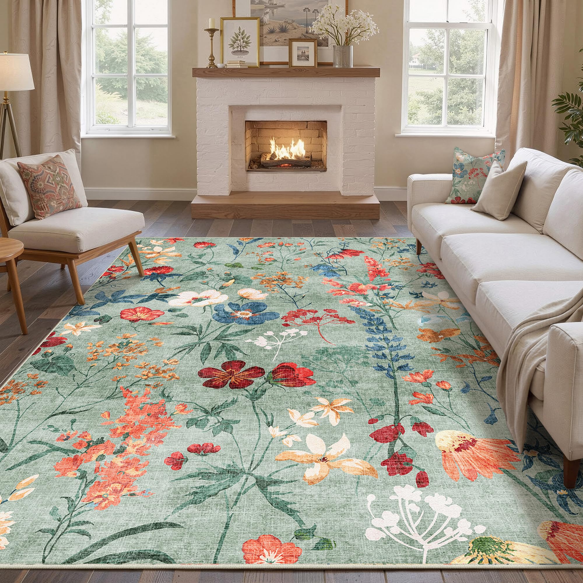 HUGEAR Vert Tapis Salon 200x300cm Floral Chambre Lavable en Machine Antidérapant Boheme Naturel Fleur Grand Carpet Bureau Salle a Manger Doux Poil Ras Rug