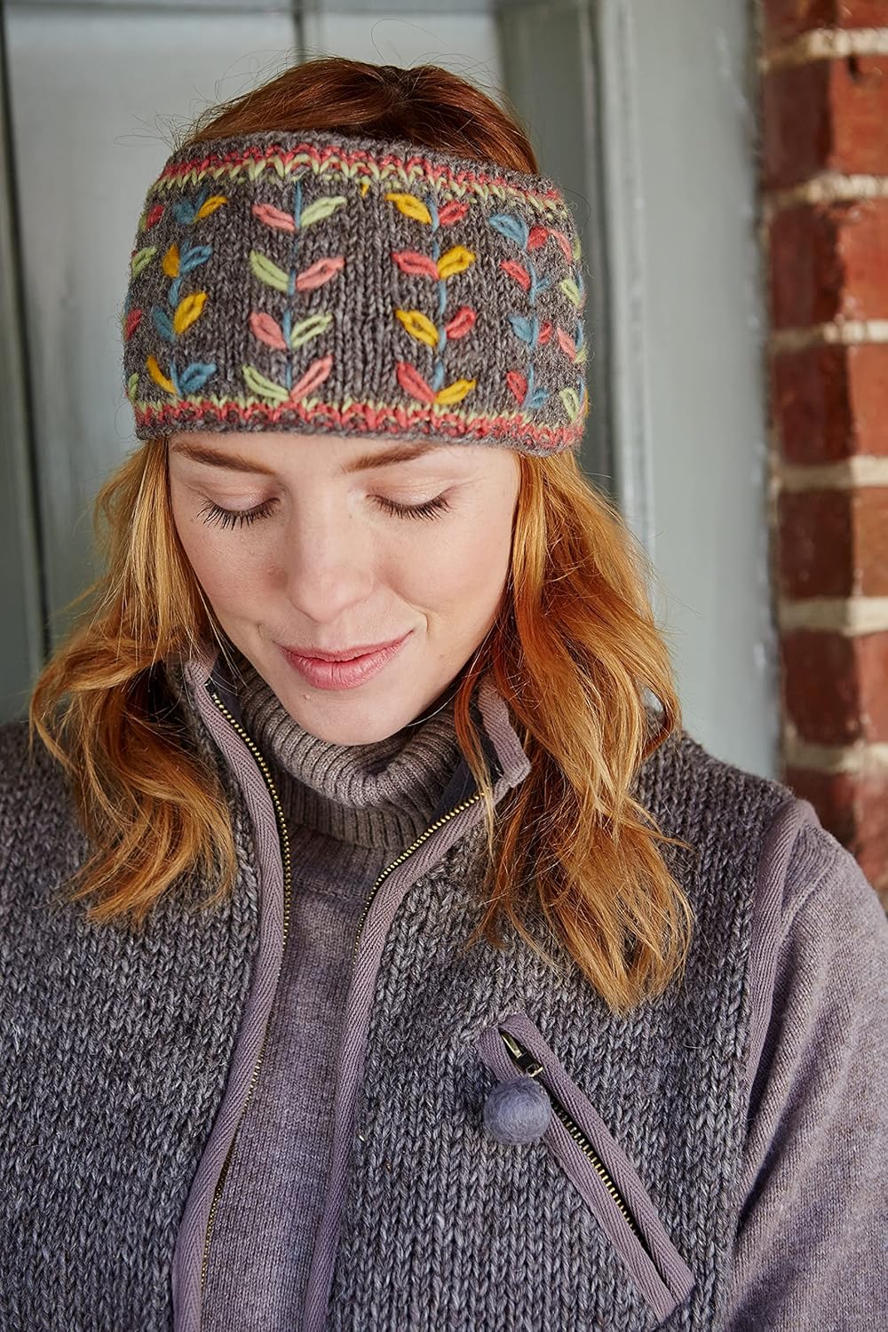 Women Wool Ear Warmer Headband Fleece Lined Handknitted Flower Embroidered Grey One-Size Handmade Pachamama Fair Trade - Image 4