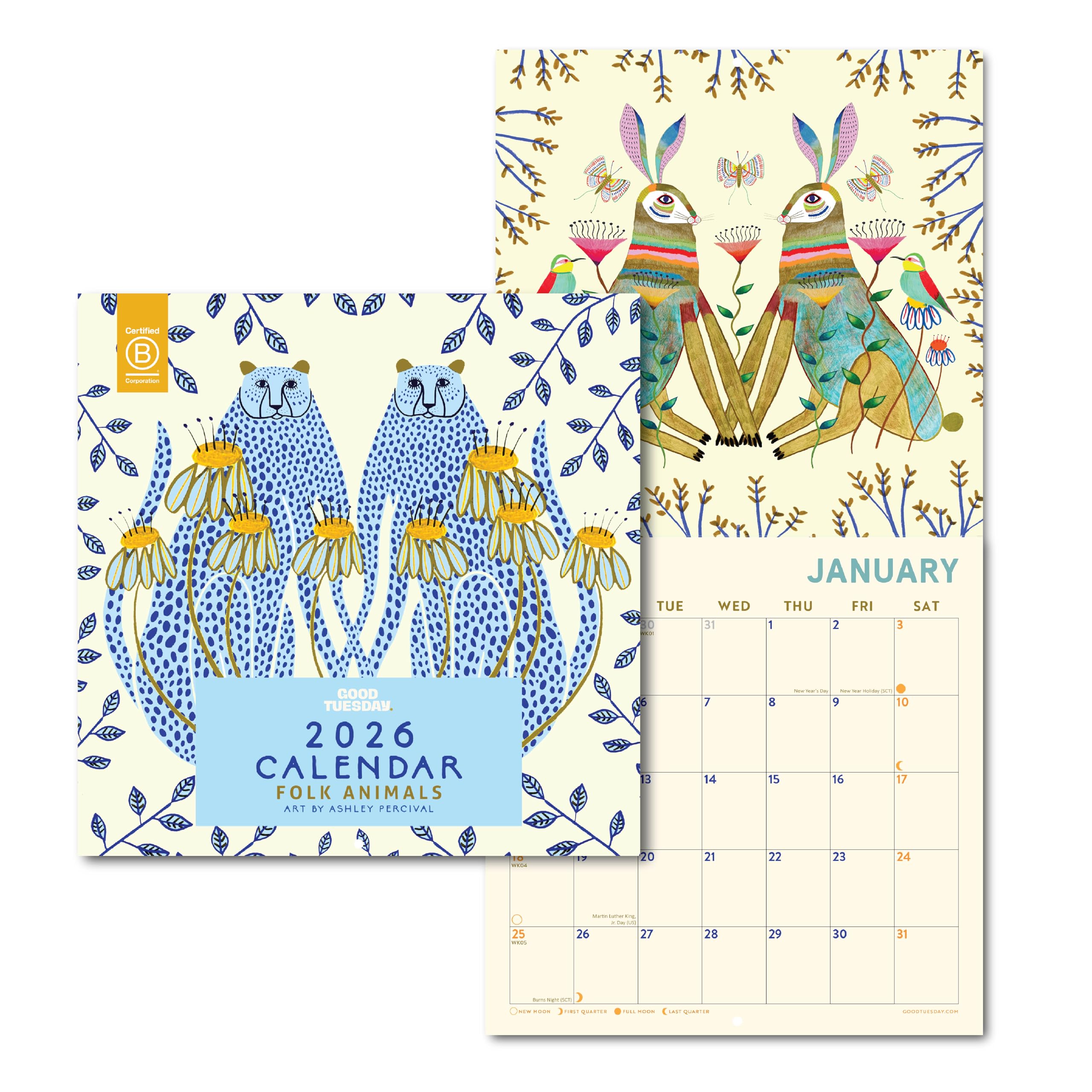 Good Tuesday - 12" x 12" Square Wall 2026 Calendar - Folk Animals - Designs by By Ashley Percival - 100% Recycled Paper, UK Made
