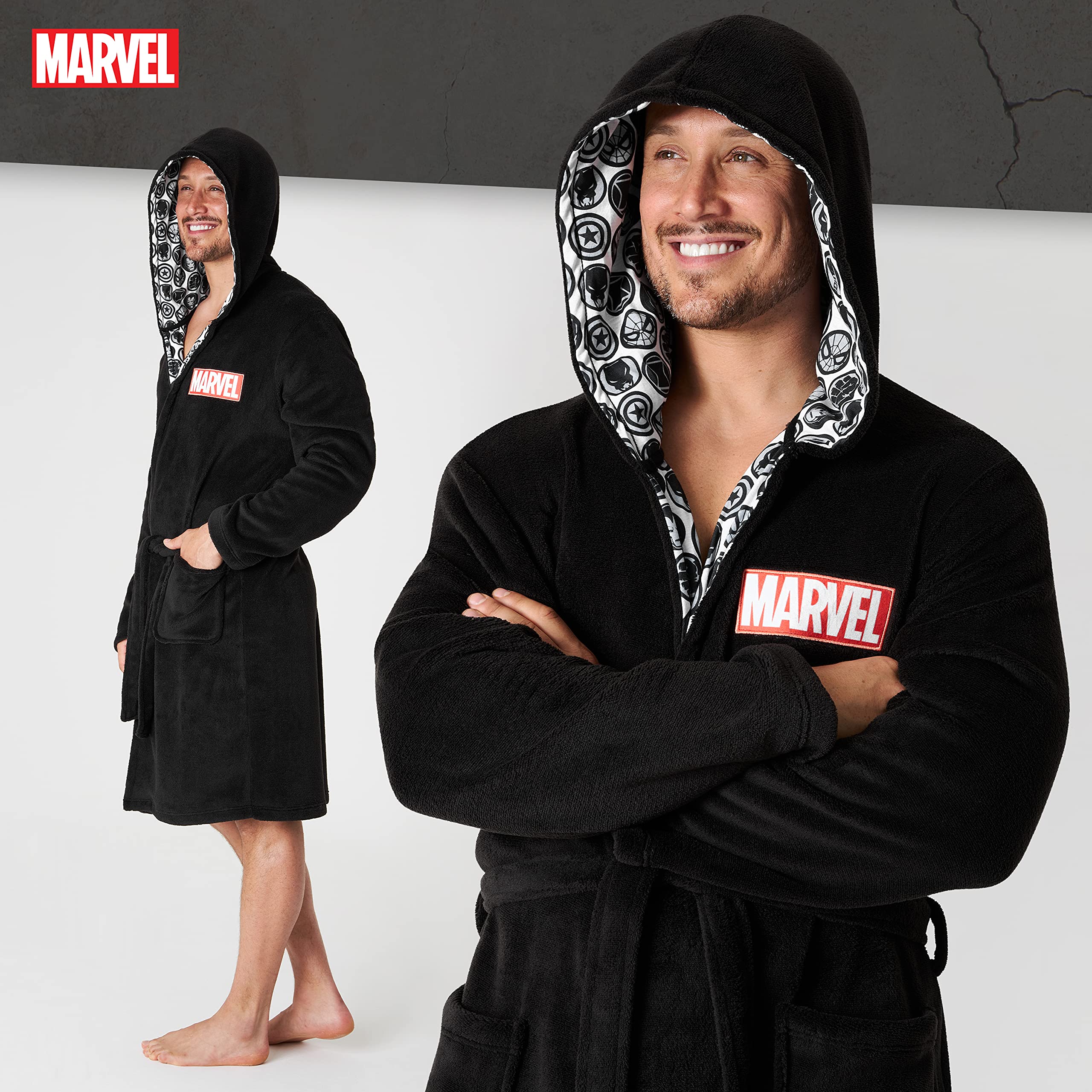 Marvel Szlafrok męski, puszysty, polarowy, szlafrok poranny, męski z kapturem, czarny, L