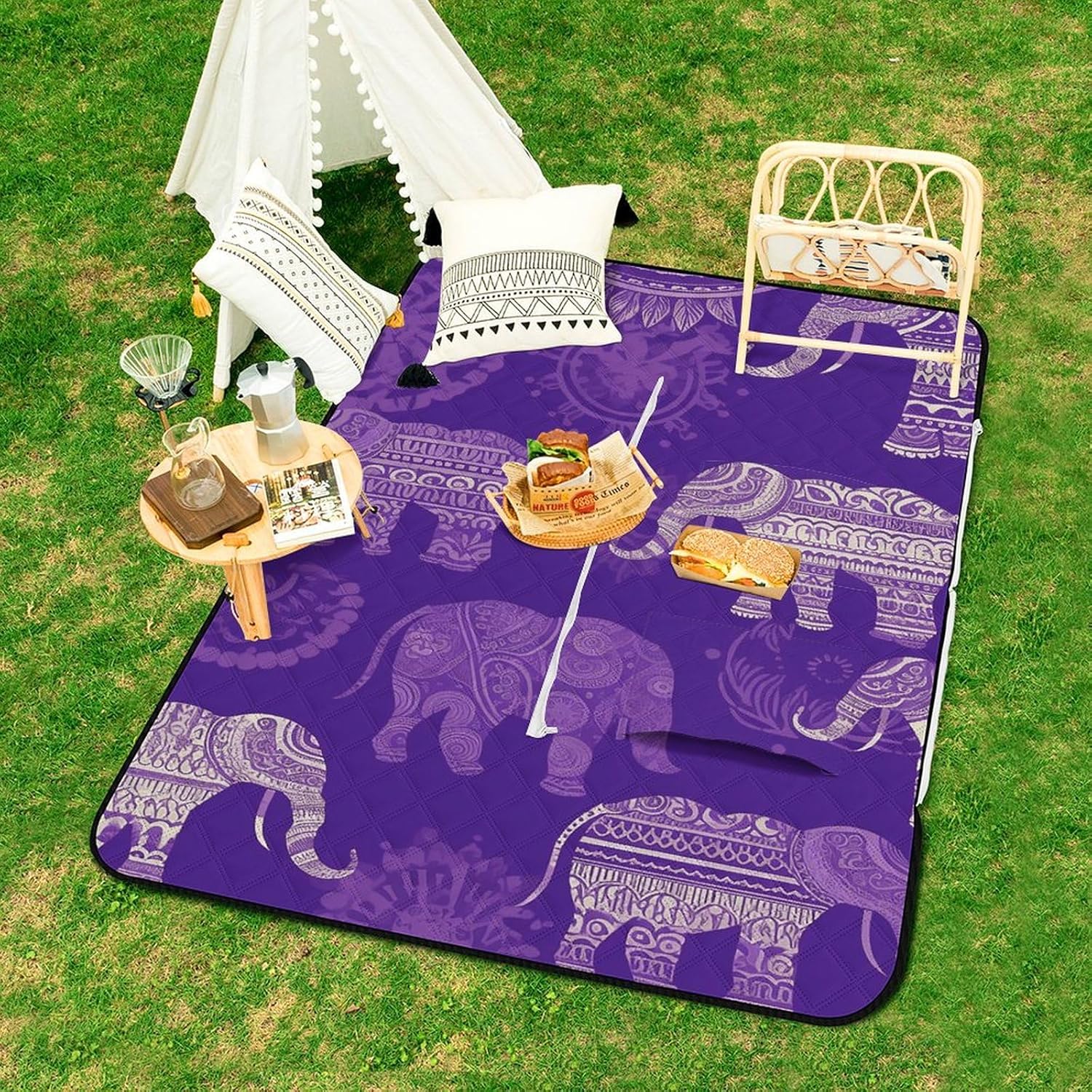 Picnic Blankets Waterproof and Foldable Picnic Beach Mat Portable Purple Elephant Camping Blanket for Camping, Park, Beach