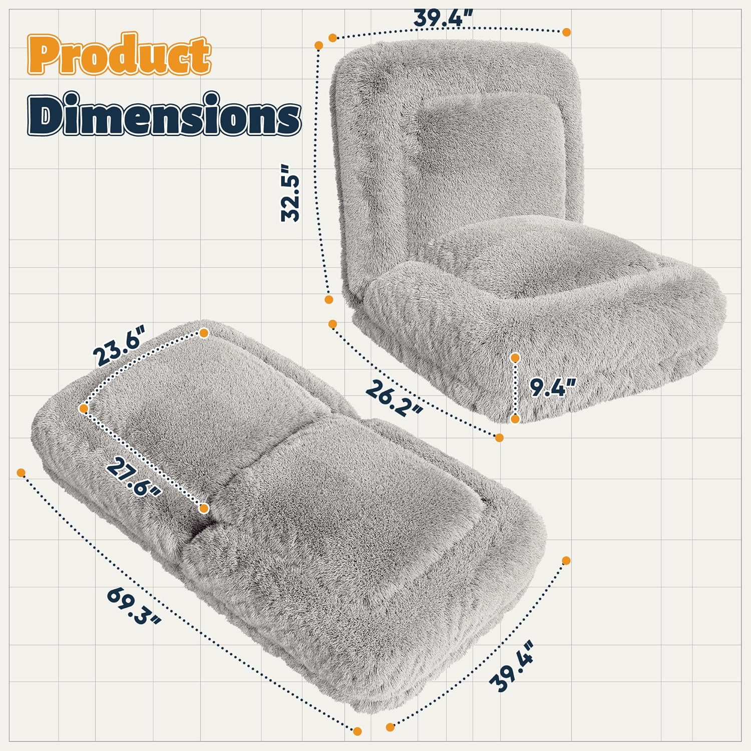 JUMMICO Human Dog Bed, Adjustable Large Dog Bed with Pressure Relieving Memory Foam, Faux Fur Washable Human Size Dog Bed with 2 Soft Cushions for Bedroom, Living Room (Gray)