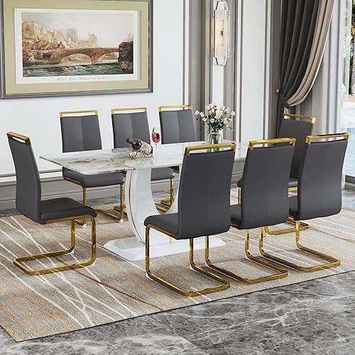 Miniatura 41 de Juego de mesa de comedor para 6, juego de sillas de cocina de 6, juego de comedor moderno con mesa de 63' de mármol y sillas tapizadas de PU para la
