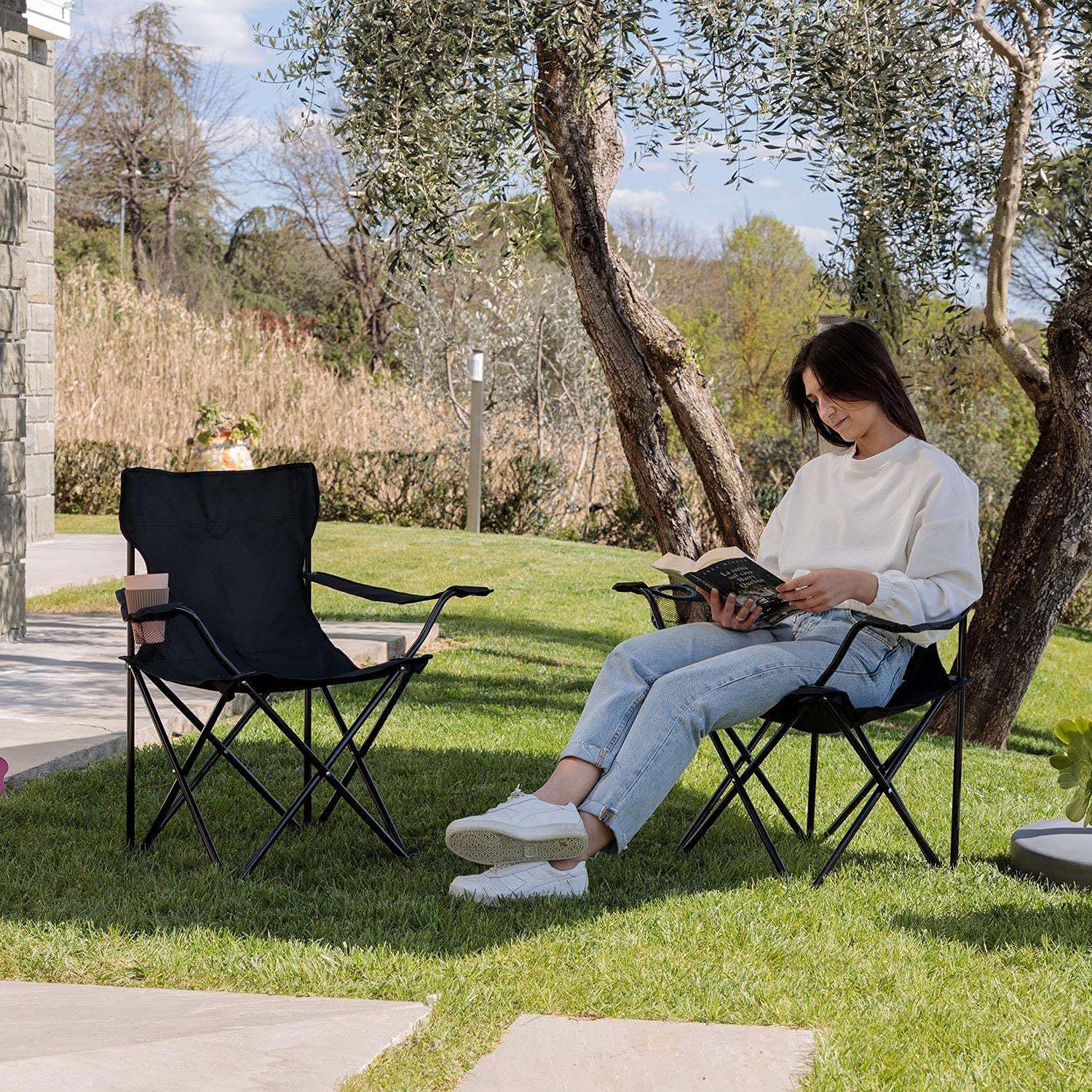 Baroni Home Chaise Pliante de Camping, Chaise d’Extérieur Légère et Robuste, Chaise de Plage, Pêche, Barbecue, Pique-Nique, avec Sac Portable, Noir, 1 Pièce, 50x50x80 cm