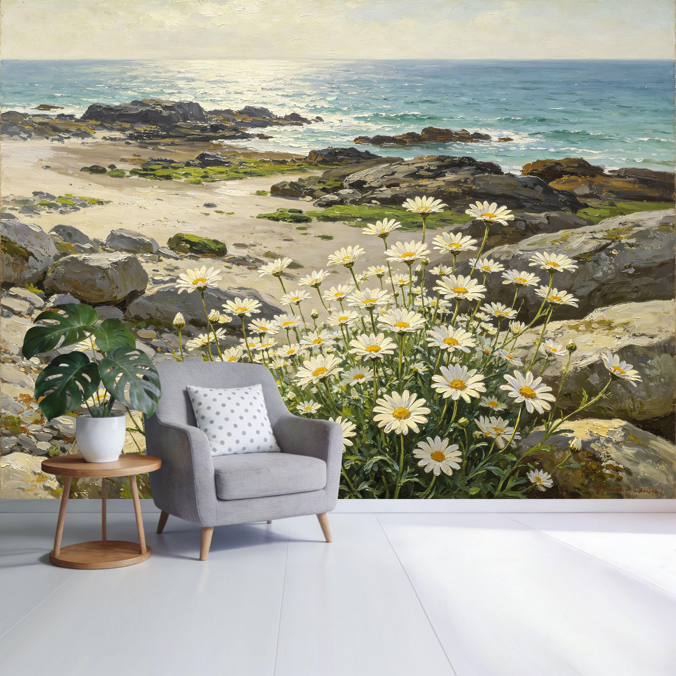 Custom Size Wall Mural Coastal Ocean View with Daisies and Rocky Shoreline Oil Painting Style SelfAdhesive Wall Fabric Removable Wallpaper for Home Office Decor