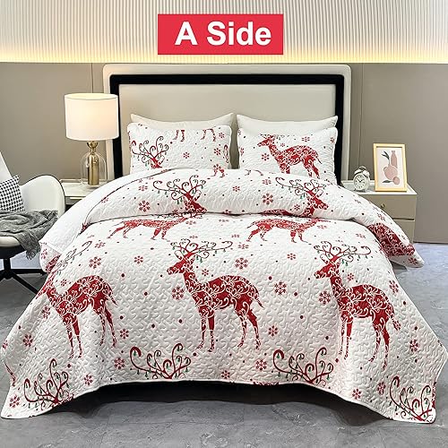 Miniatura 8 de Juego de edredón de Navidad, tamaño Queen, diseño de árbol de Navidad, copos de nieve, reno, retazos, juego de colcha de 3 piezas, reversible,