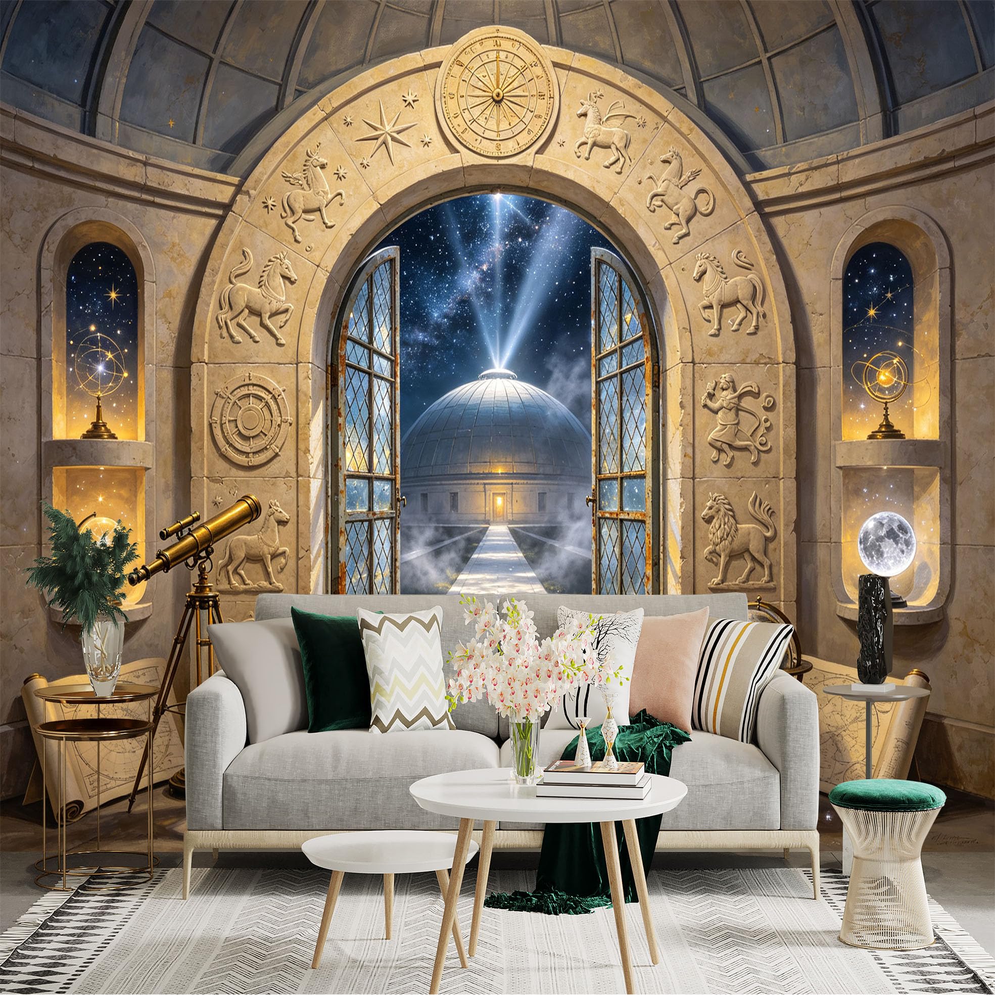 Lnzczhyre Bh260719391 Custom Size Wall Sticker Mural， Ancient Astronomical Observatory With Celestial Spheres， Telescope And Starry Night View， For Wall Decoration， Peelandstick Wall Decals.