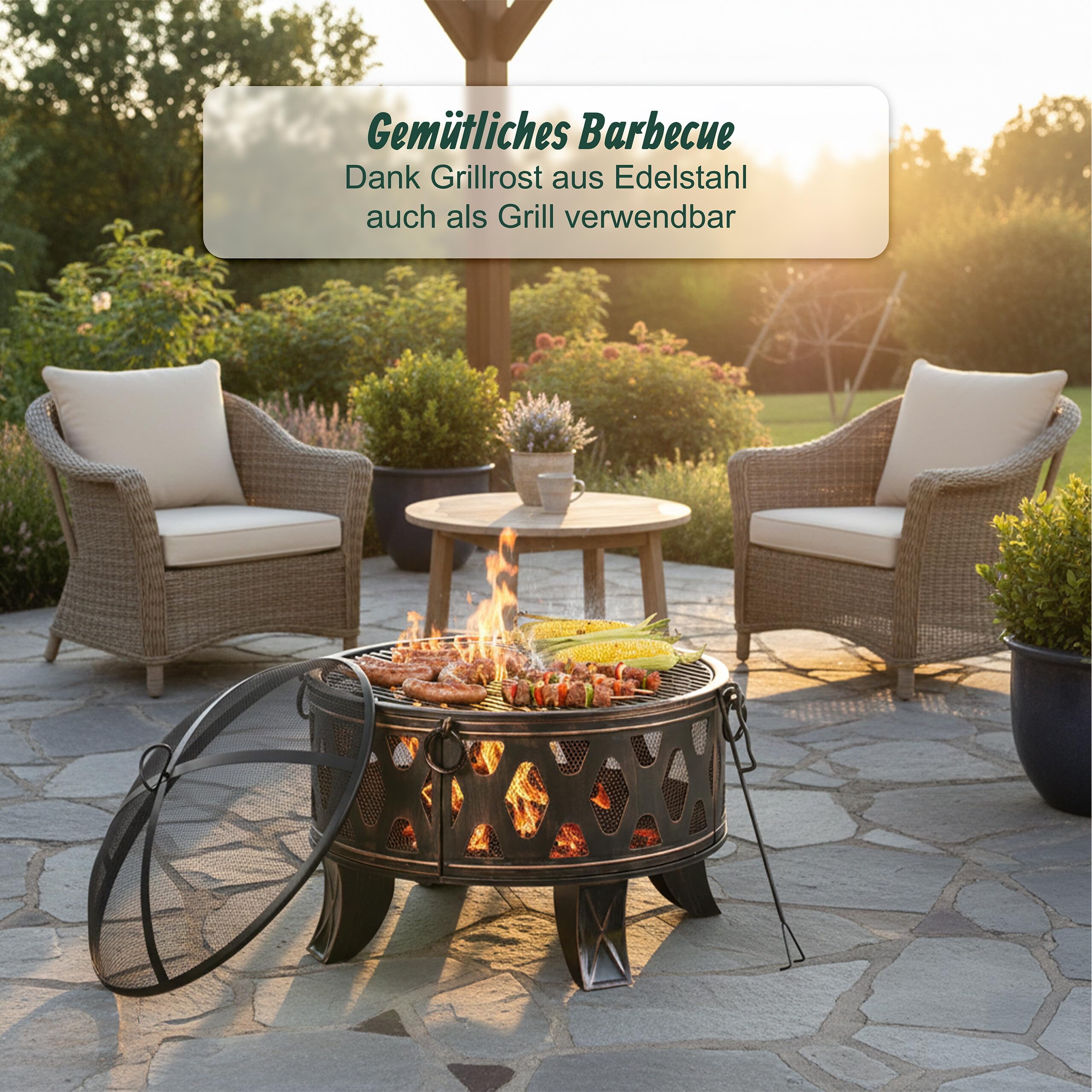 Relaxdays Feuerschale, Ø 66 cm, mit Grillrost, Funkenschutz & Schürhaken, Feuerstelle Garten, Feuerkorb, schwarz/Bronze