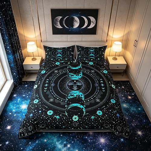 Sun and Moon Duvet Cover Set Twin Size, Stars Space Psychedelic Bedding Set 2pcs for Kids Girls Room Decor, Blue Sun Moon Boho Comforter Cover Soft Polyester Quilt Cover with 1 Pillowcase, No Filler