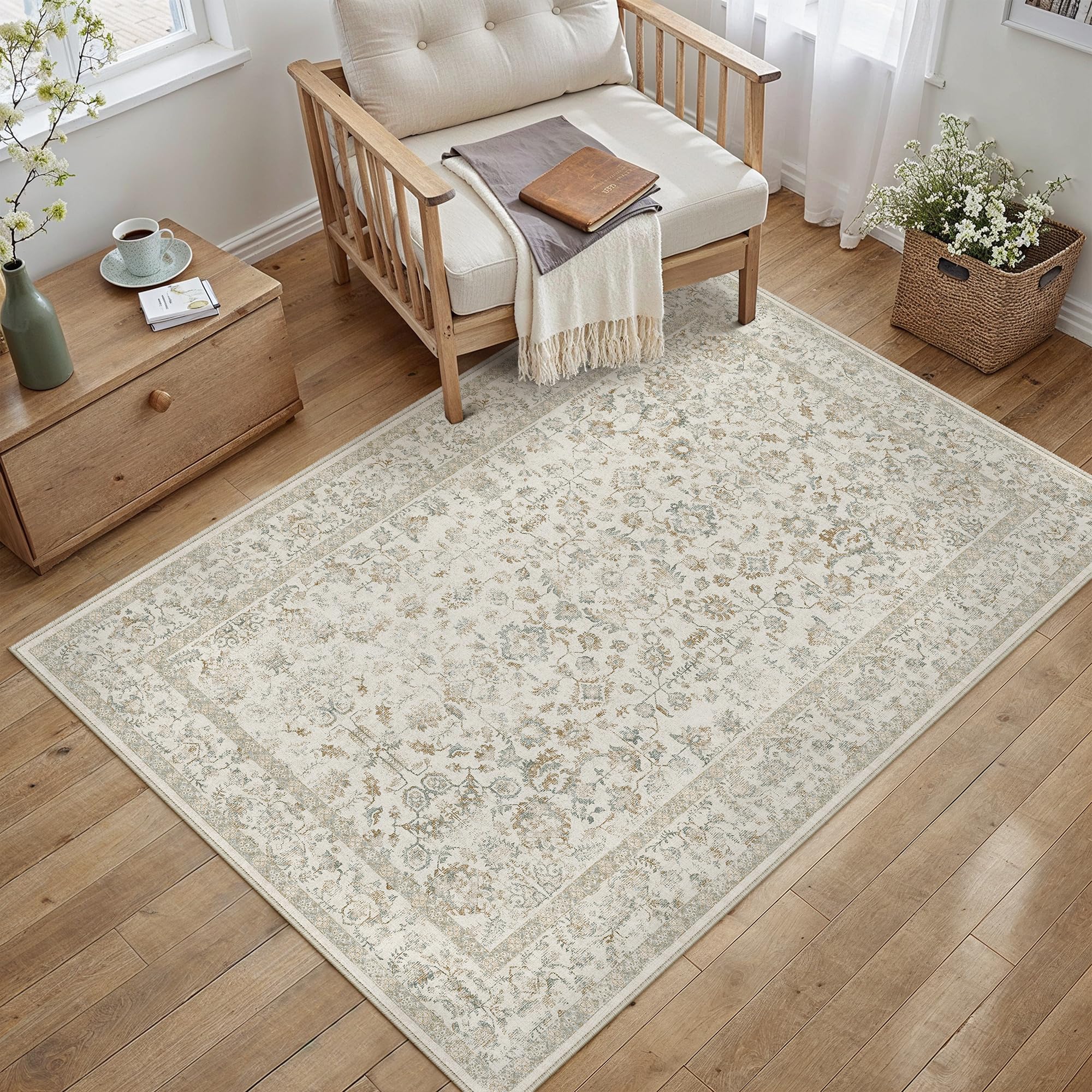 PureCozy 3x5 Taupe Area Rug Washable Non Slip Vintage Carpet Living Room