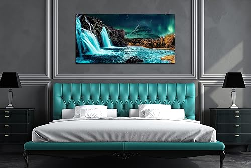 Miniatura 4 de THRLVEART Lienzo decorativo de pared en cascada grande  Decoración de sala de estar verde azulado  Luces del norte, arte de pared moderno para el
