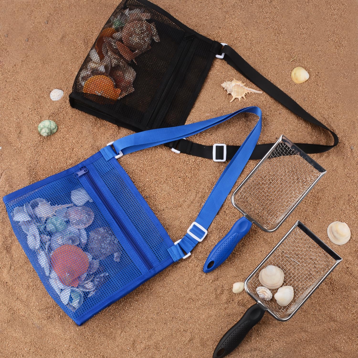 MUYIZI Pala de malla de playa con bolsas de malla para recoger conchas (azul zafiro + negro)