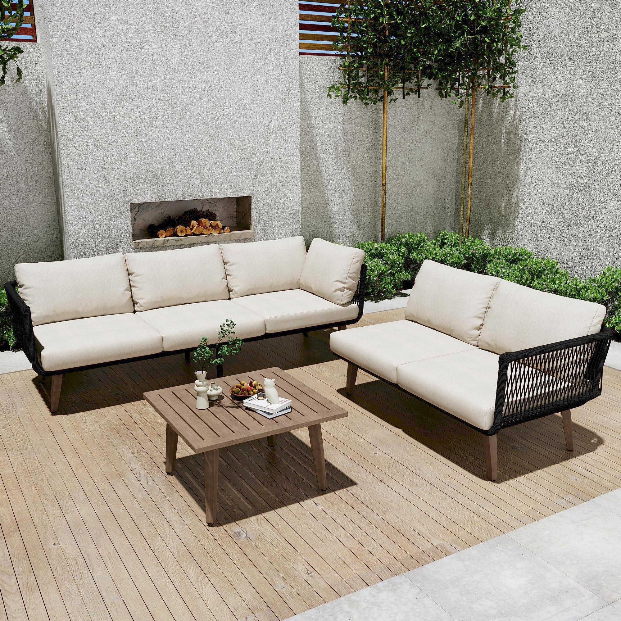 Merax Gartenmöbel-Set mit Sofa & Couchtisch, Outdoor Lounge-Set aus verzinktem Stahl, Olefin-Polster & geflochtenem Seil, Tischplatte in Holzoptik für Garten, Terrasse & Balkon, Beige + Schwarz