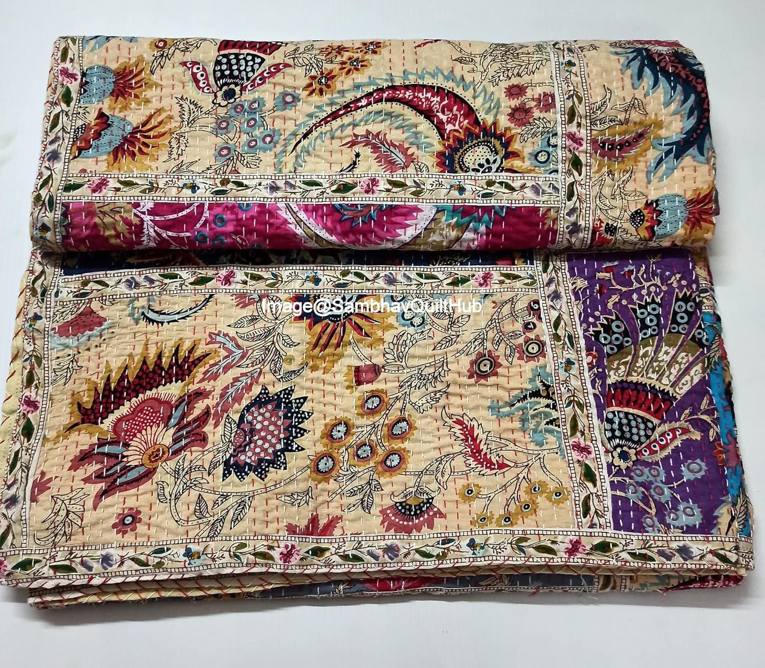 Indian Mukut Print Less Cotton Handmade Patchwork Quilted Blanket Indian Cotto Spread Kantha Kantha Print Work Bohemian Bed Decor Block Throw Blanket Twin/King/Queen (90X108 inch) - Image 2