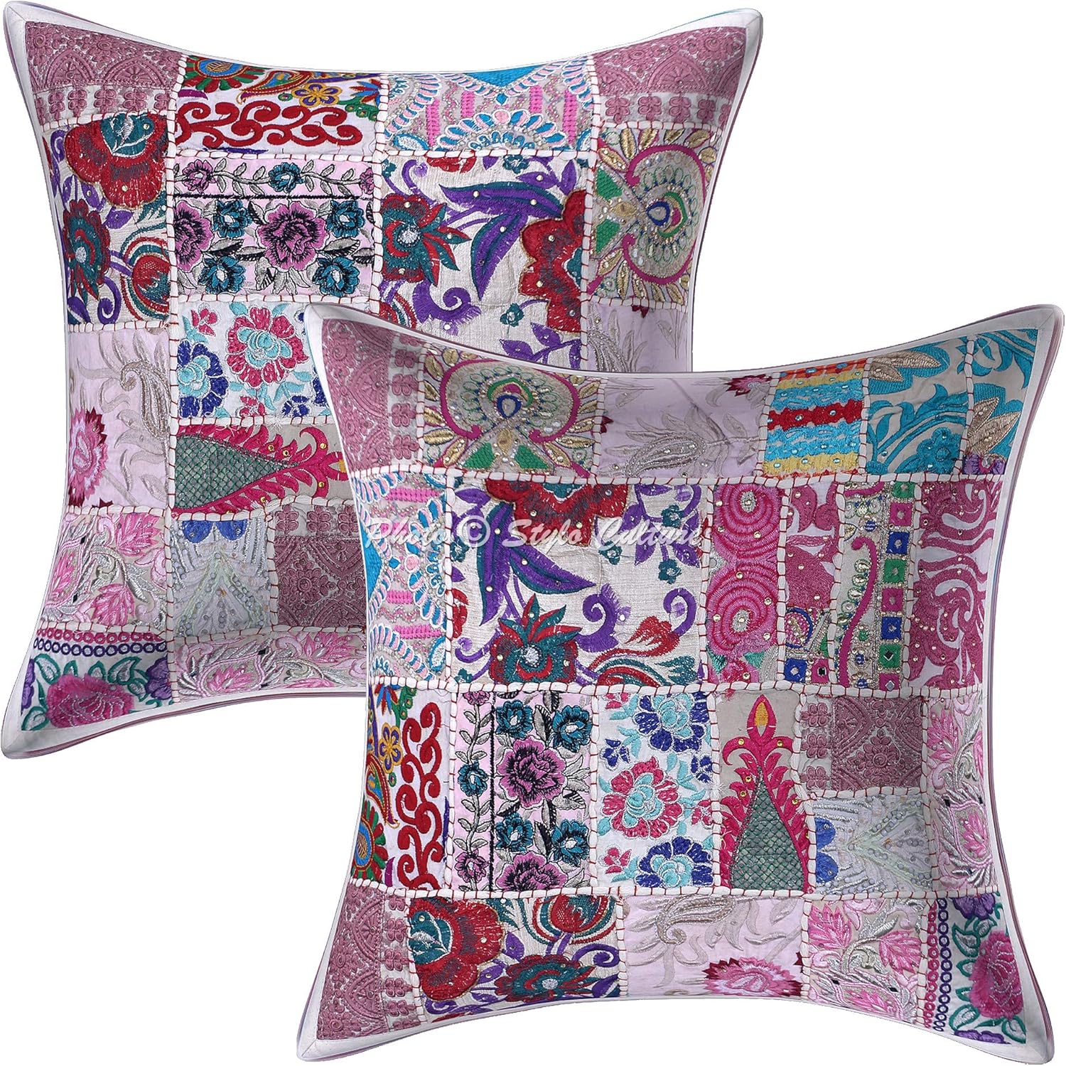 Bohemian Decorative Sofa Settee Toss Throw Pillow Cases 50x50 cm Cotton Bedroom White Abstract Vintage Patchwork Square Luxury Envelope Indian 20x20 Inch Cushion Covers - 2 Pcs