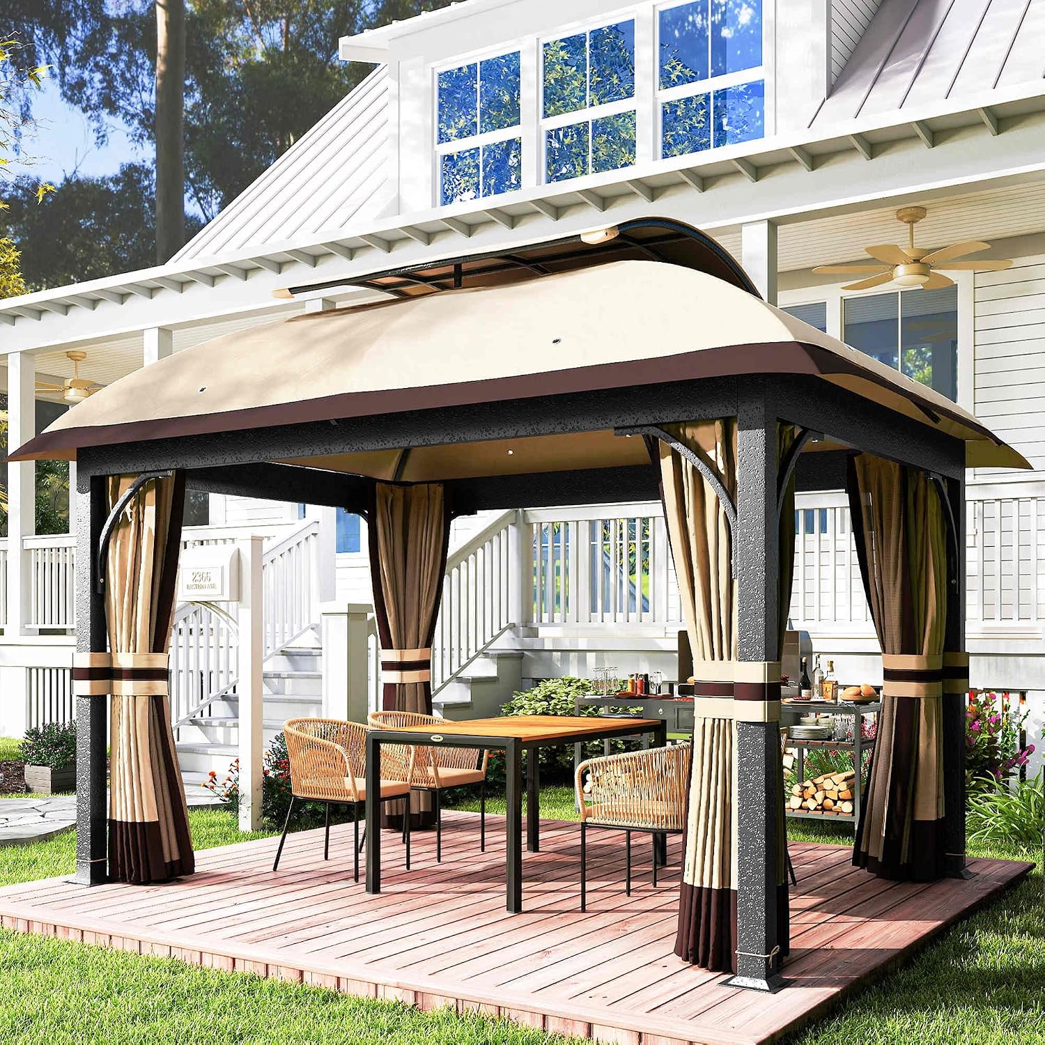 Outsunny 11' x 13' Patio Gazebo Double Roof Outdoor Netting Curtains Khaki | Gazebo Canopy Shelter, Galvanized Metal Frame, for Backyard, Garden, Lawn, Deck