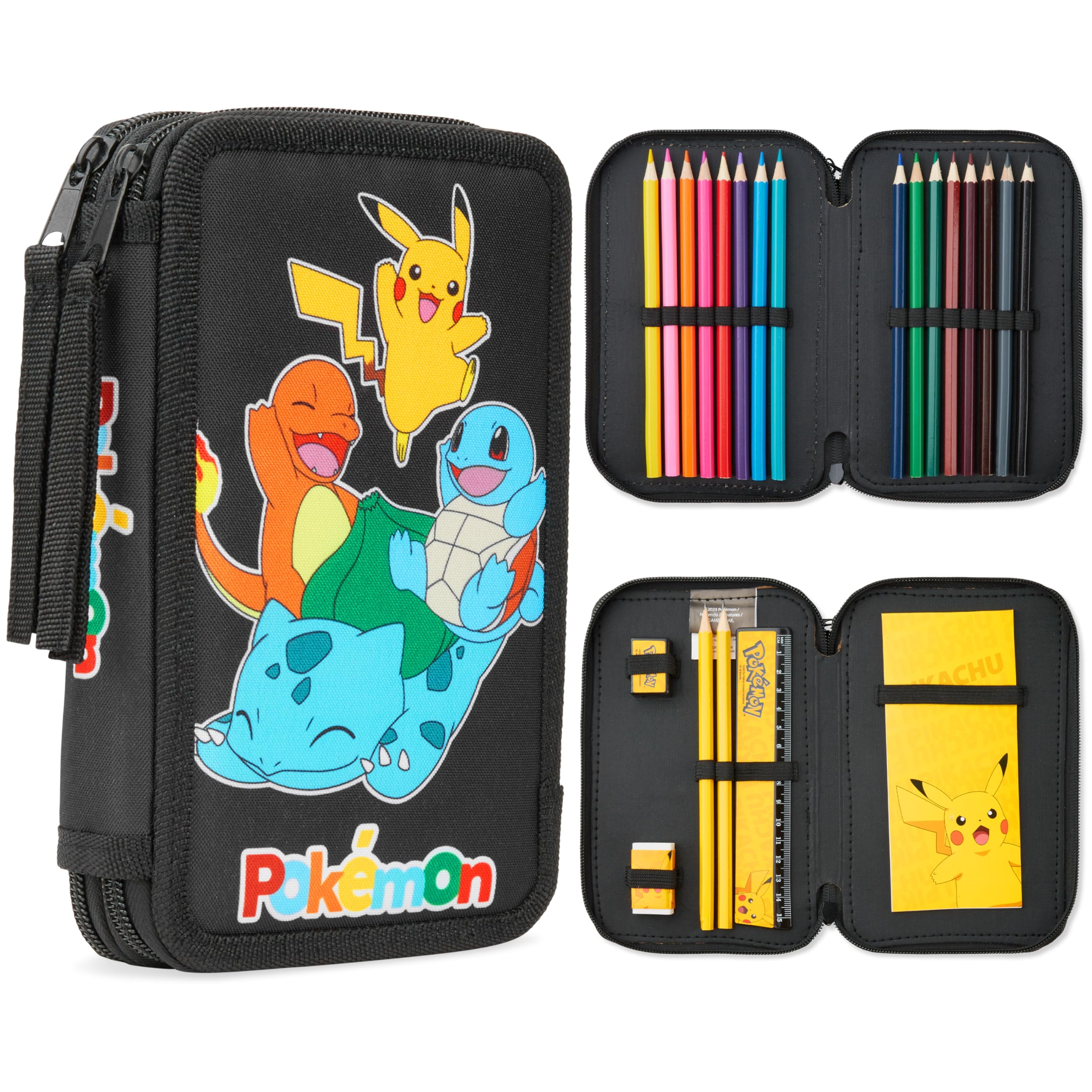 Pokémon Riempito Astuccio Bambino, Pikachu Astucci per Scuola, Set di Cancelleria(Nero/Multicolore)