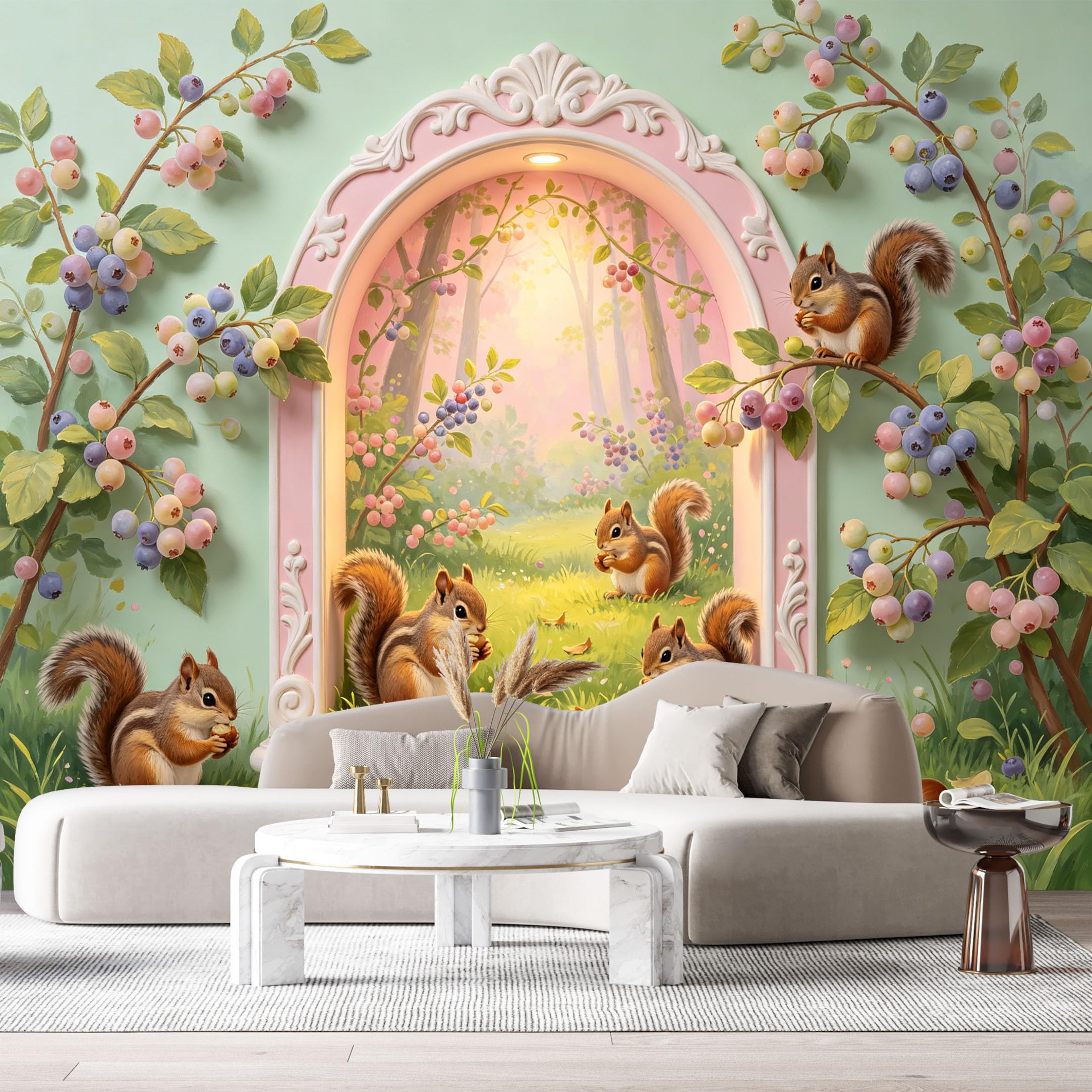 Custom Size Wall Murals Squirrels Blueberry Branches Landscape 3D Trompe L'Oeil SelfAdhesiveWall Fabric Removable Wallpaper Wall Decor for Living Room Bedroom Bathroom