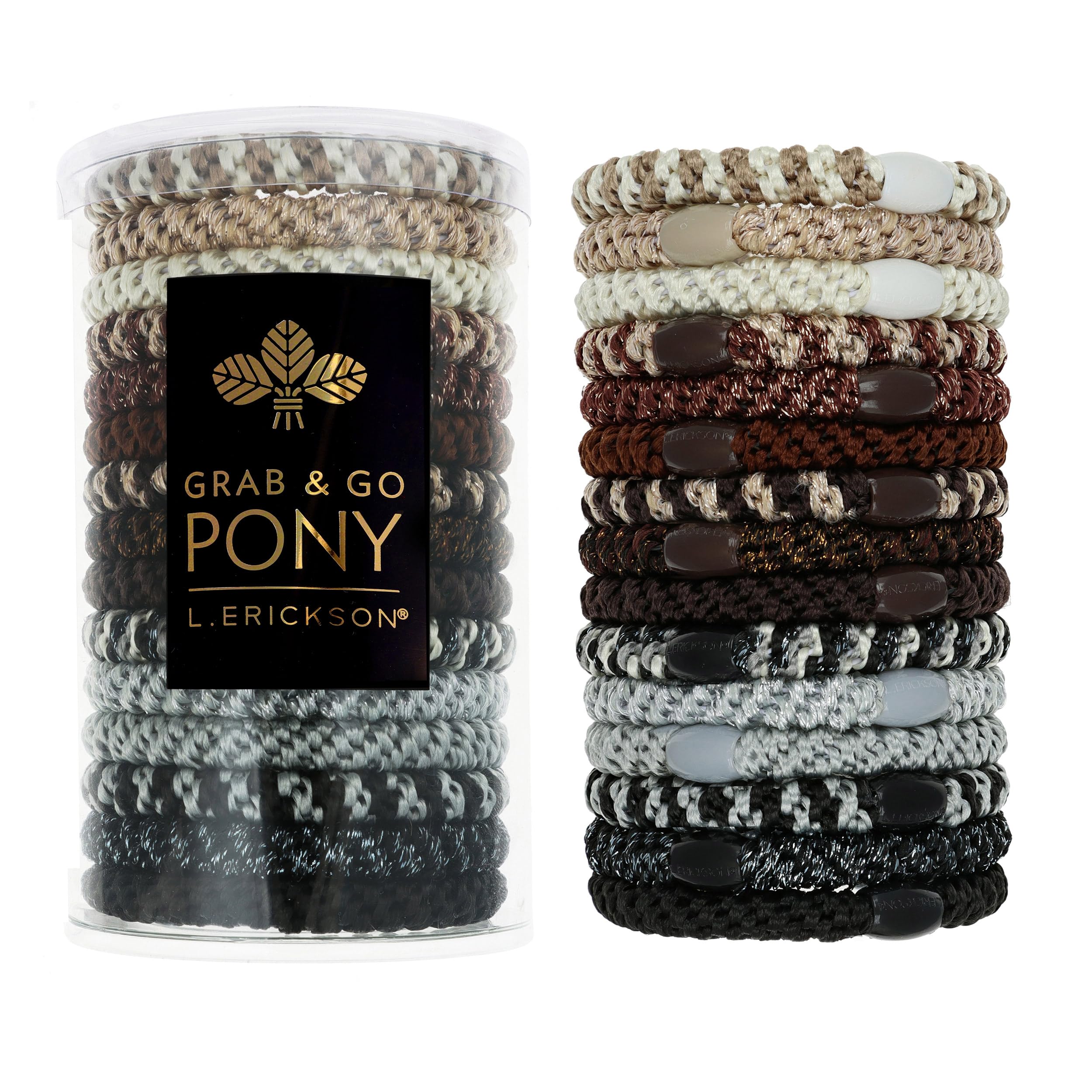 L. Erickson Tubo de poni Grab & Go marrón y negro, paquete de 15, neutrales Nouveau | Lazos para cabello grueso, bandas gruesas sin arrugas con fuerte sujeción, diseño sin daños, mezcla neutra moderna