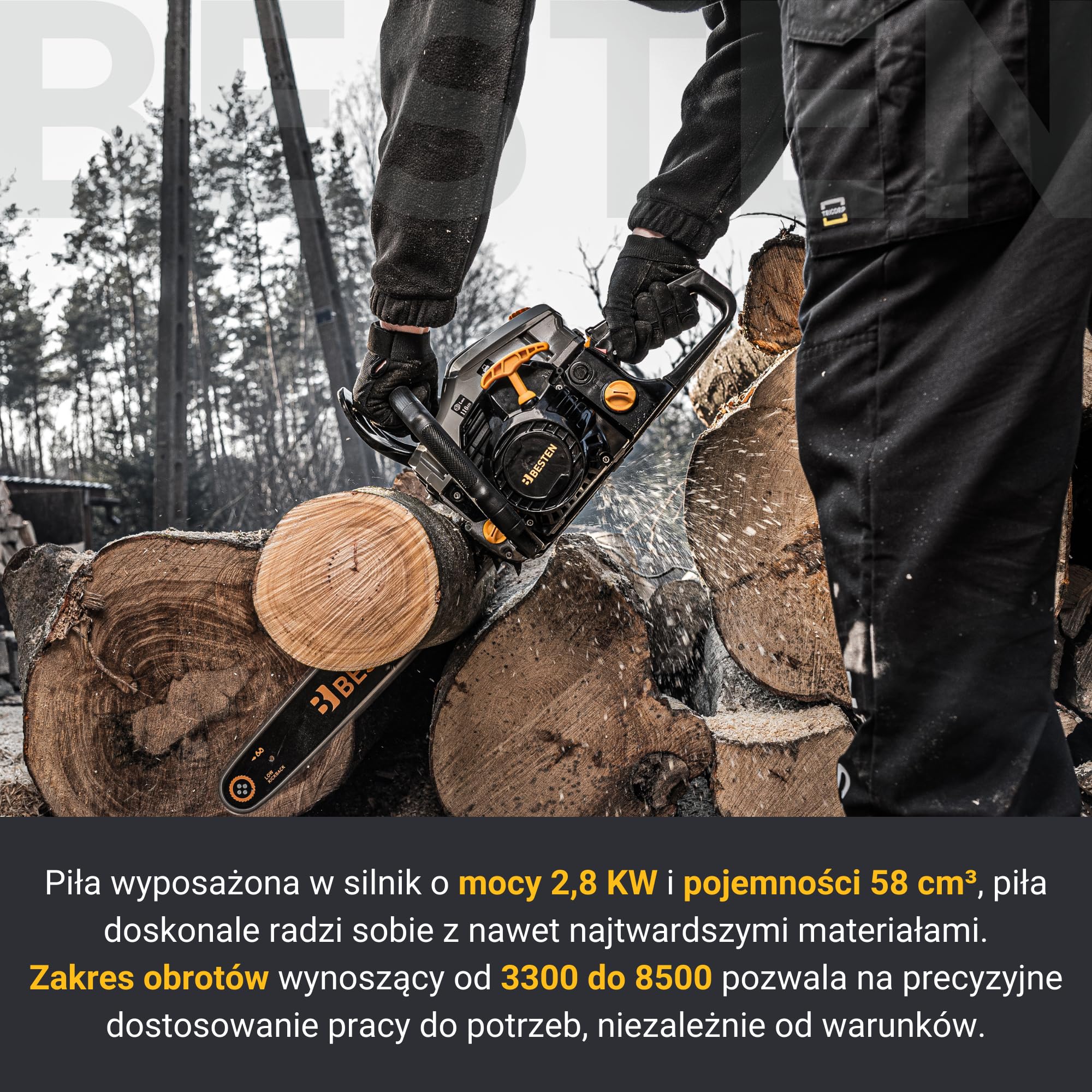 BESTEN Piła Łańcuchowa Spalinowa do Drewna 58CC, Piła Benzynowa z Hamulcem, Automatyczne Smarowanie, System EASY START, 2x Prowadnica, 2x Łańcuch