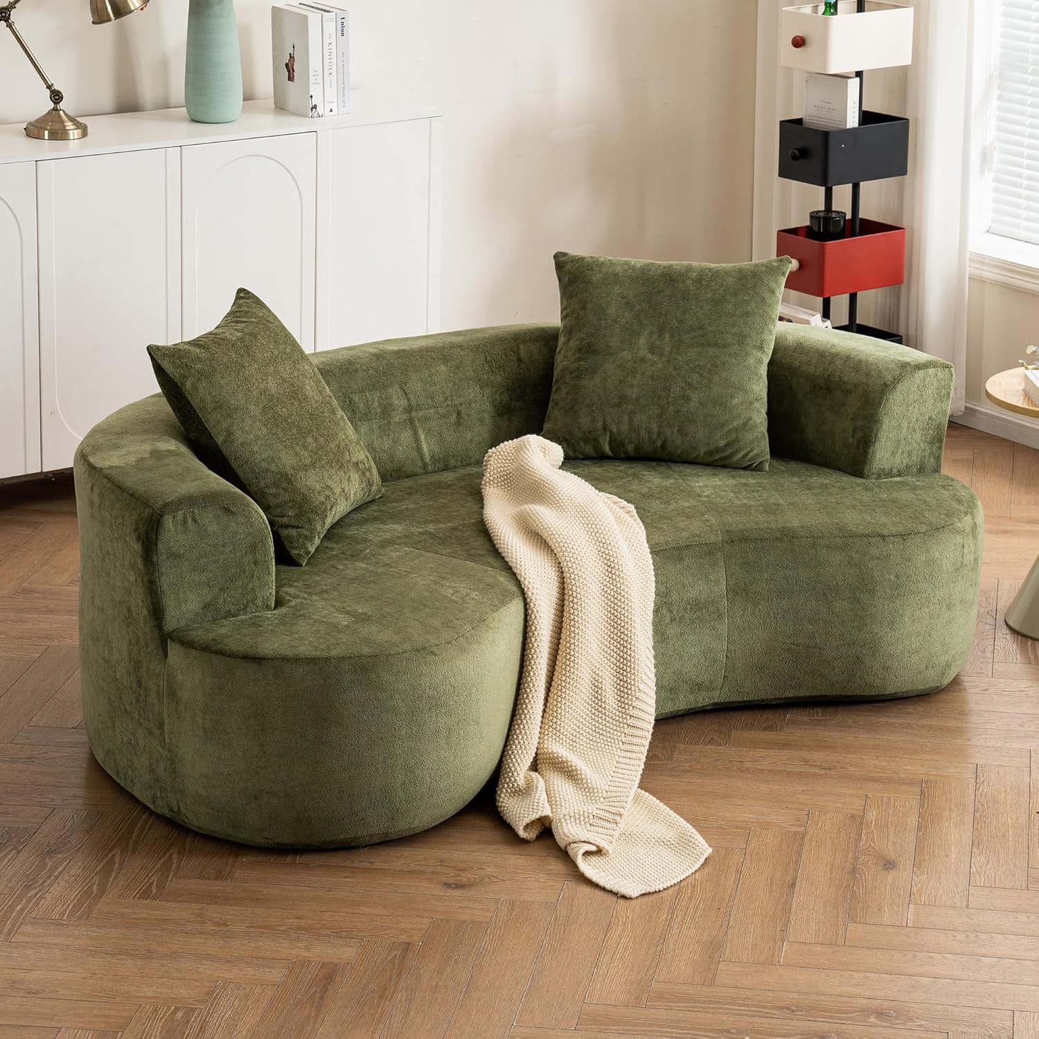 Modern Curved Sofa, 79.05 inches Non-Assembly Sponge Compression Sofa, Chenille Fabric, Sleeper Cat Waist Design with Deep Seat(Grey)