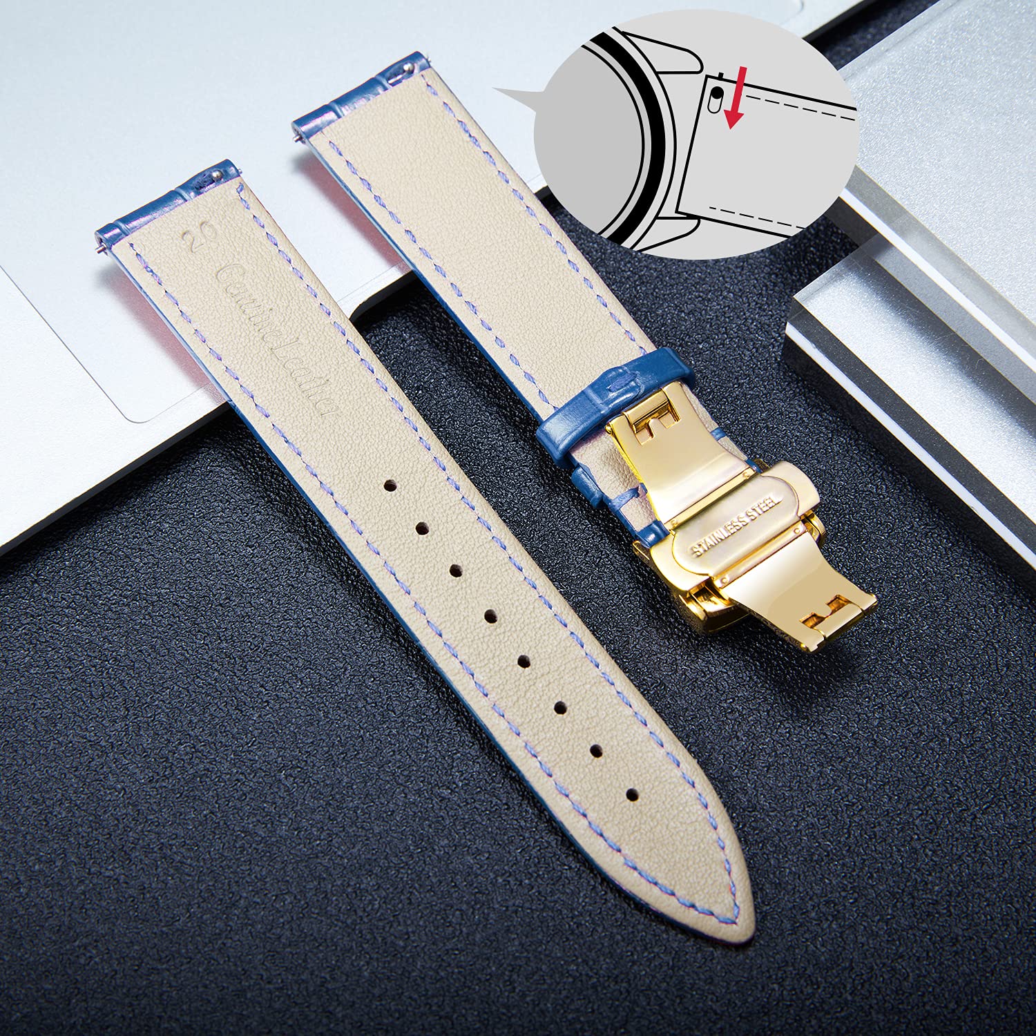 BINLUN Correa de Reloj de Cuero Correa de Piel Repuesto para Hombres/Mujeres con Hebilla de Despliegue Mariposa Plata/Oro/Oro Rosa 12mm-24mm 10 Colores — view 3