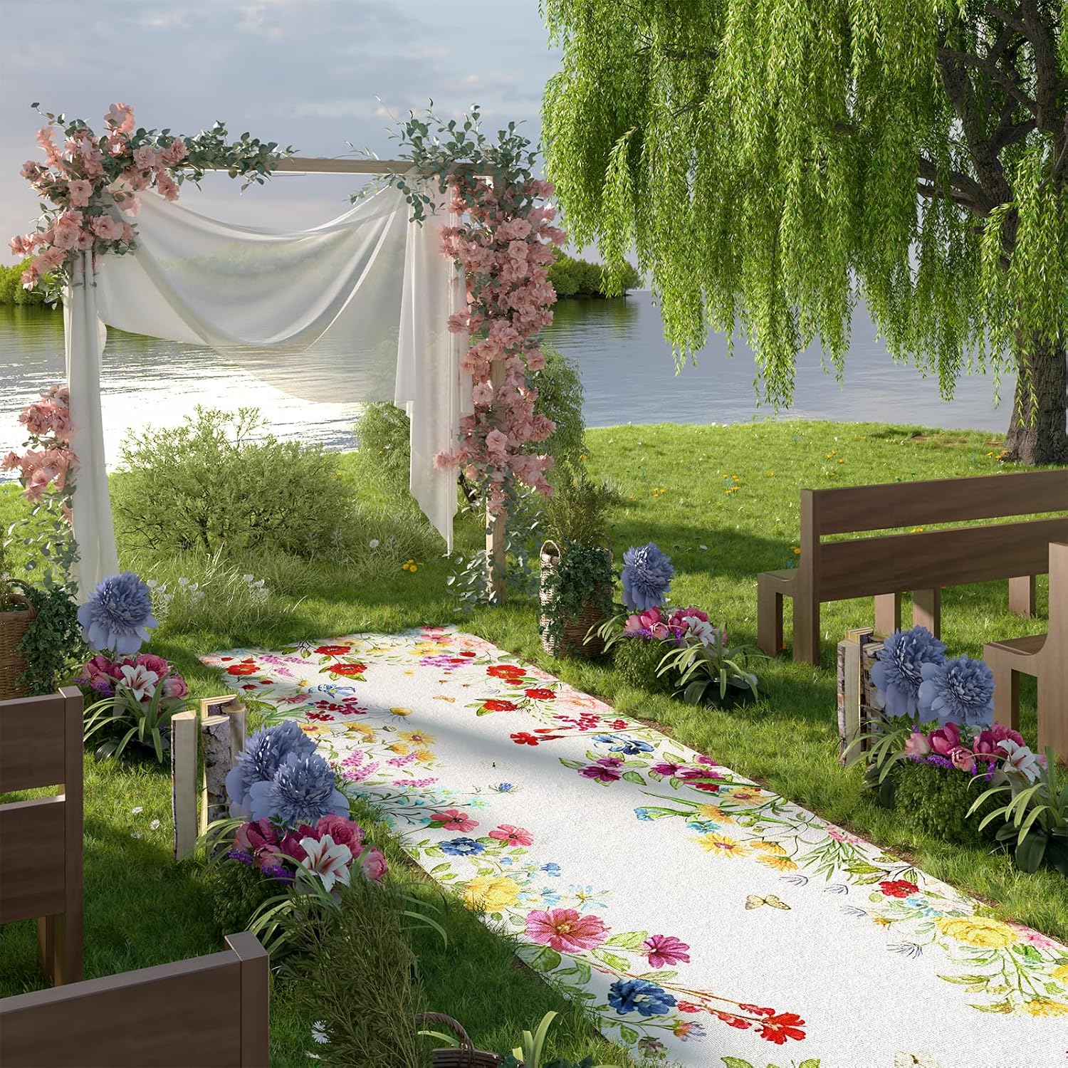 3FT x 30FT Burlap Wedding Aisle Runner, Wedding Walkway Carpet Runner, Central White Space with Floral Patterns on Sides, for Church Garden Lawn Beach Prom Party