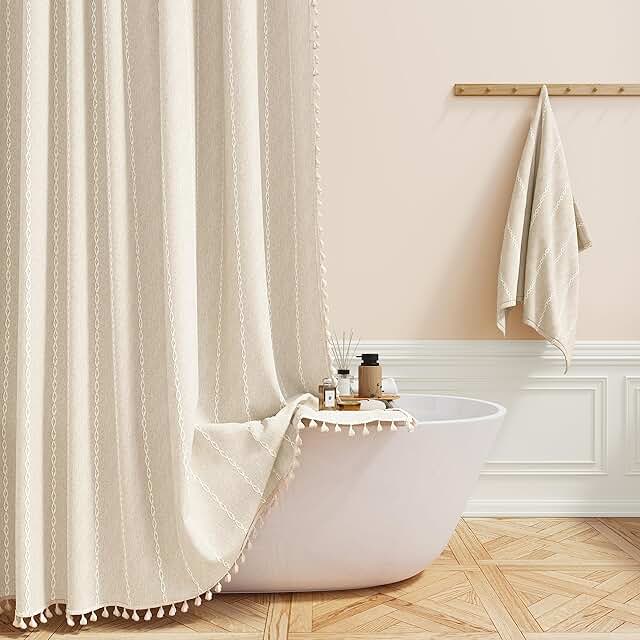 BTTN Boho Farmhouse Shower Curtain, Linen Rustic Weighted Striped Cloth ...